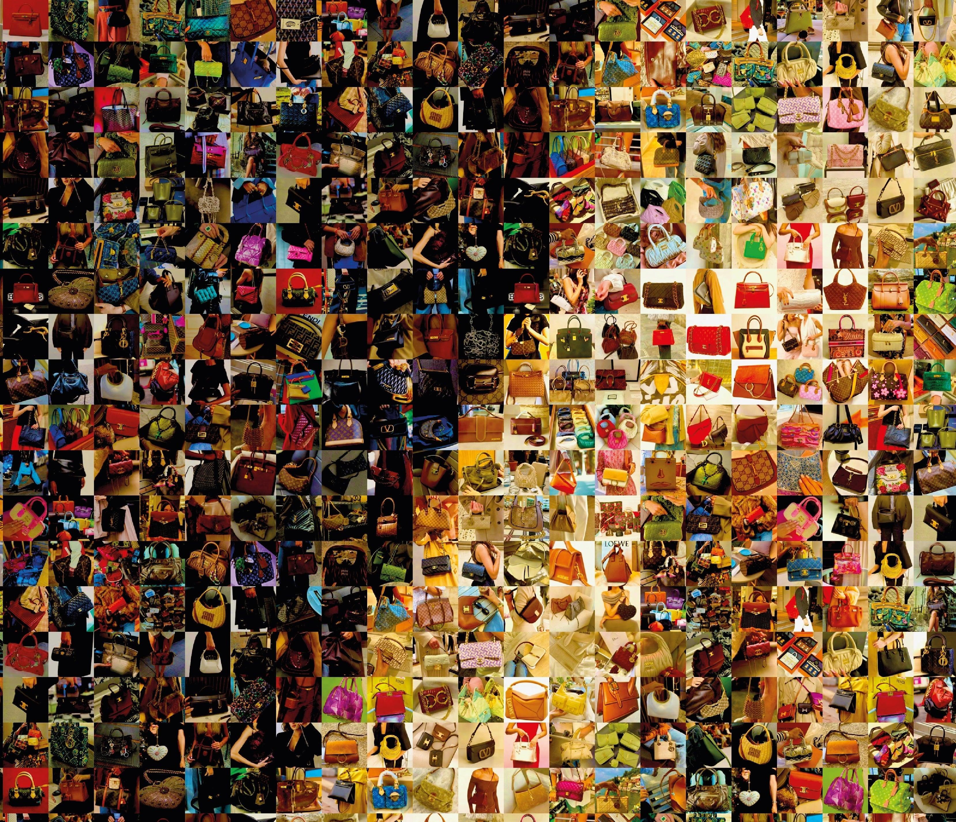 Tableau plexiglass art contemporain Miquaseo, mosaique "Fille à la perle VS Luxury Handbags", decoration murale design, edition limitee signee et numerotee