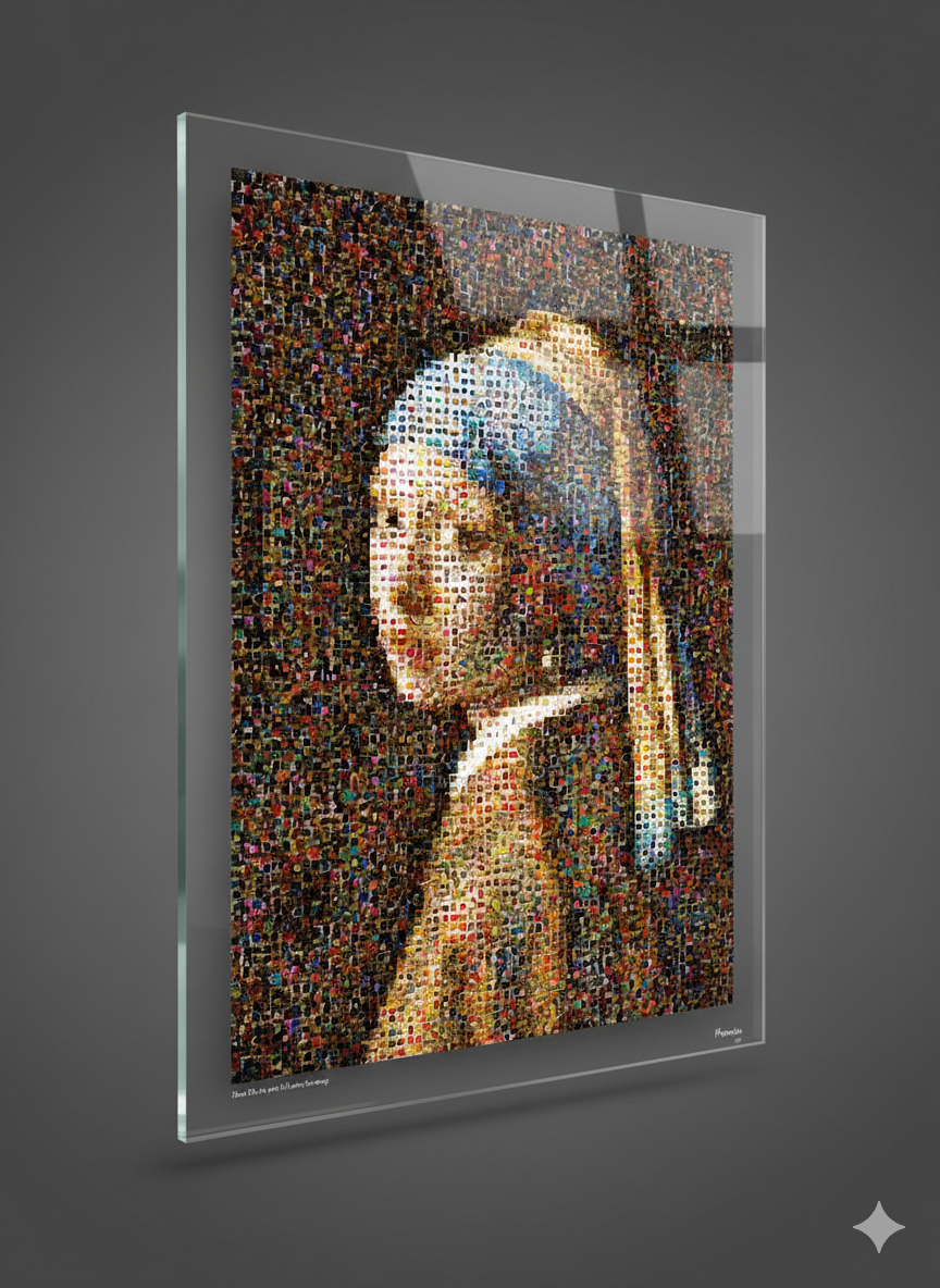 Tableau plexiglass art contemporain Miquaseo, mosaique "Fille à la perle VS Luxury Handbags", decoration murale design, edition limitee signee et numerotee