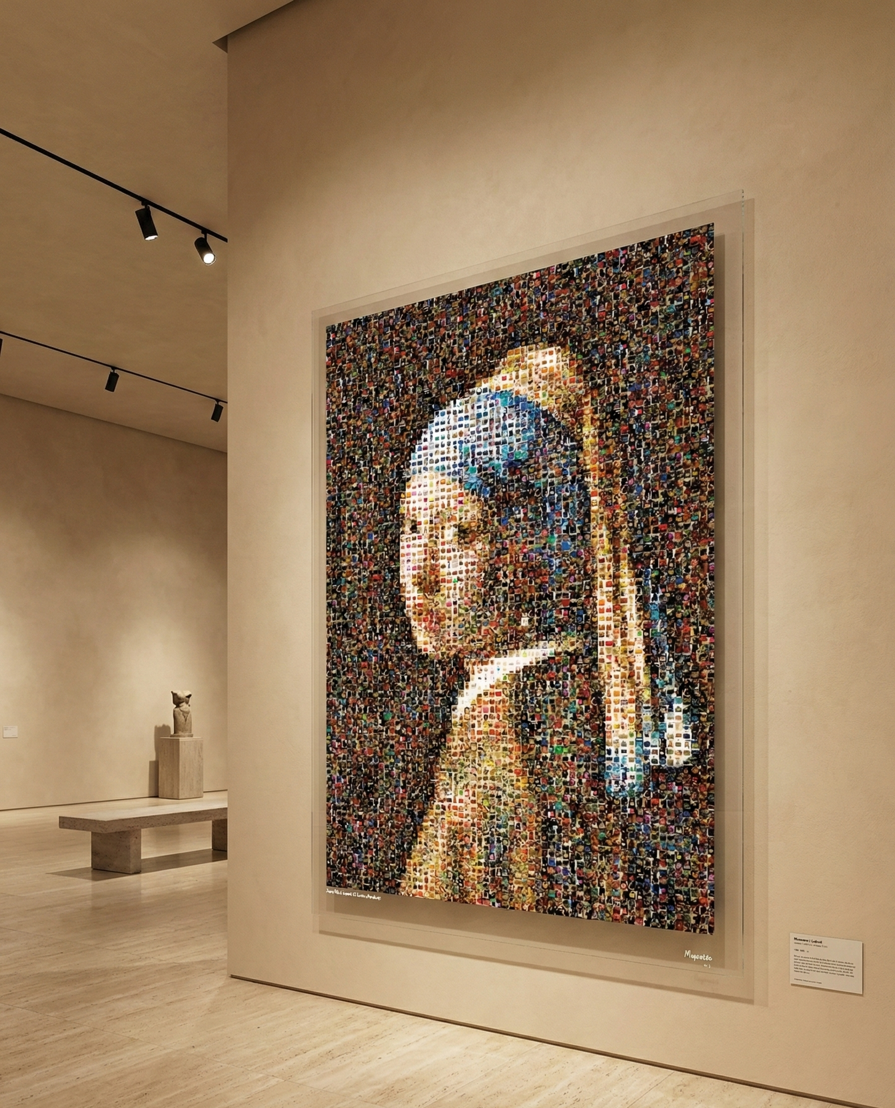 Tableau plexiglass art contemporain Miquaseo, mosaique "Fille à la perle VS Luxury Handbags", decoration murale design, edition limitee signee et numerotee