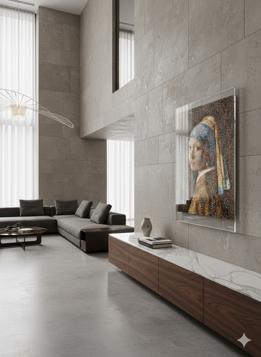 Tableau plexiglass art contemporain Miquaseo, mosaique "Fille à la perle VS Luxury Handbags", decoration murale design, edition limitee signee et numerotee