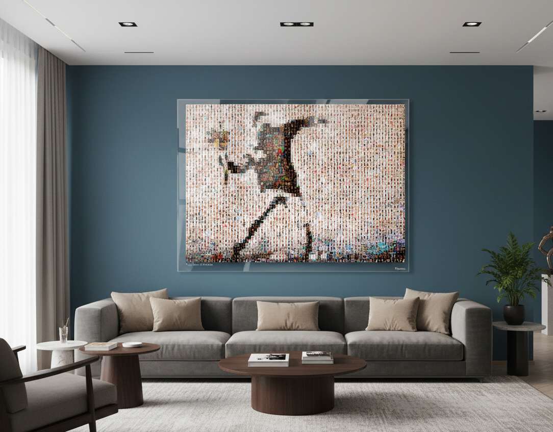 Tableau plexiglass art contemporain Miquaseo, mosaique "Flower Thrower VS Male Bodies", decoration murale design, edition limitee signee et numerotee