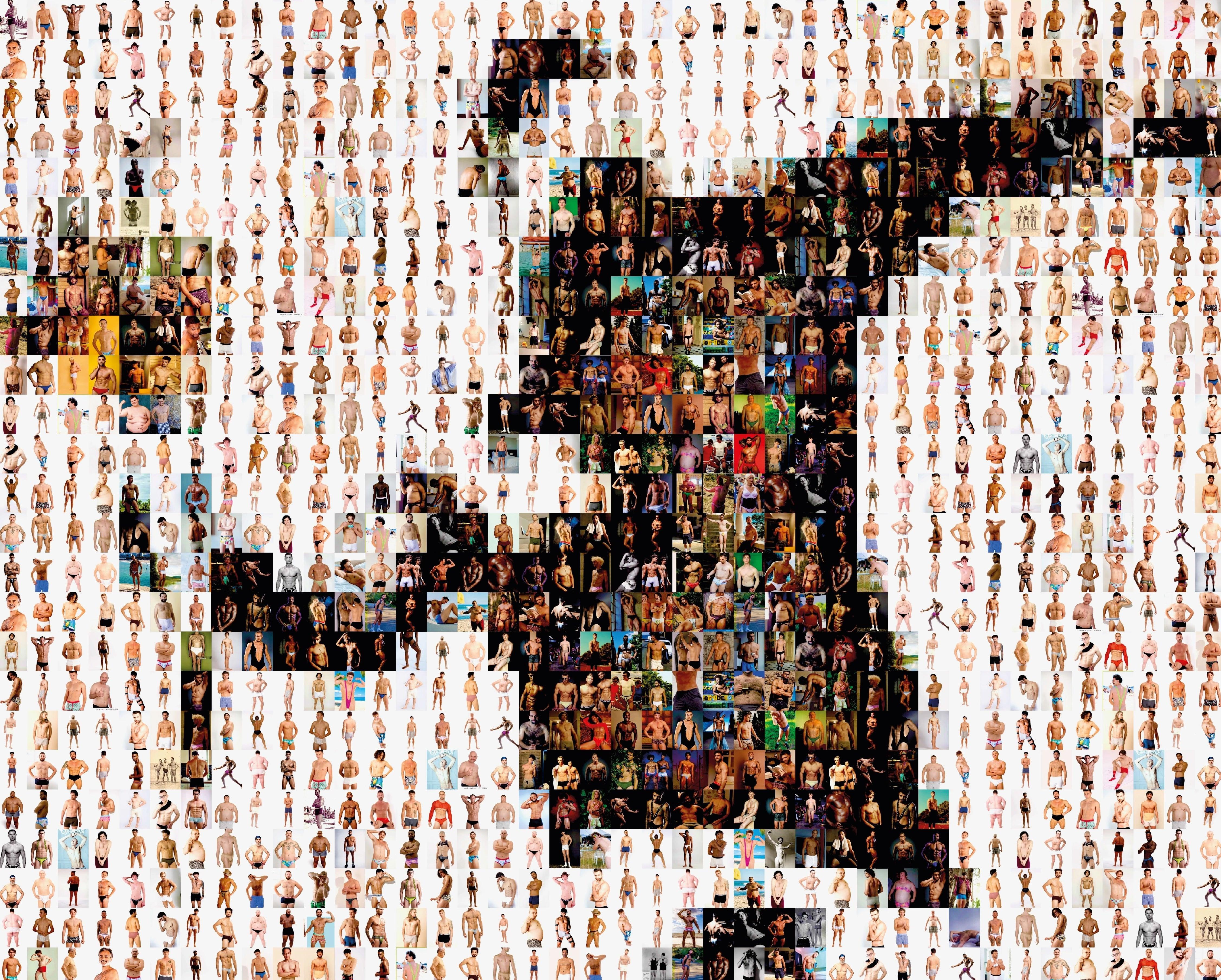 Tableau plexiglass art contemporain Miquaseo, mosaique "Flower Thrower VS Male Bodies", decoration murale design, edition limitee signee et numerotee
