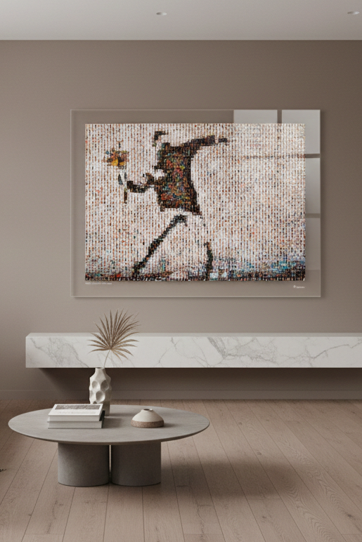 Tableau plexiglass art contemporain Miquaseo, mosaique "Flower Thrower VS Male Bodies", decoration murale design, edition limitee signee et numerotee