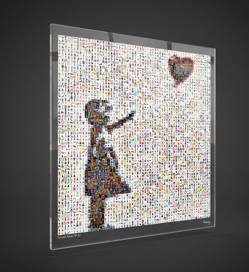 Tableau plexiglass art contemporain Miquaseo, mosaique "Girl with Balloon VS Art", decoration murale design, edition limitee signee et numerotee
