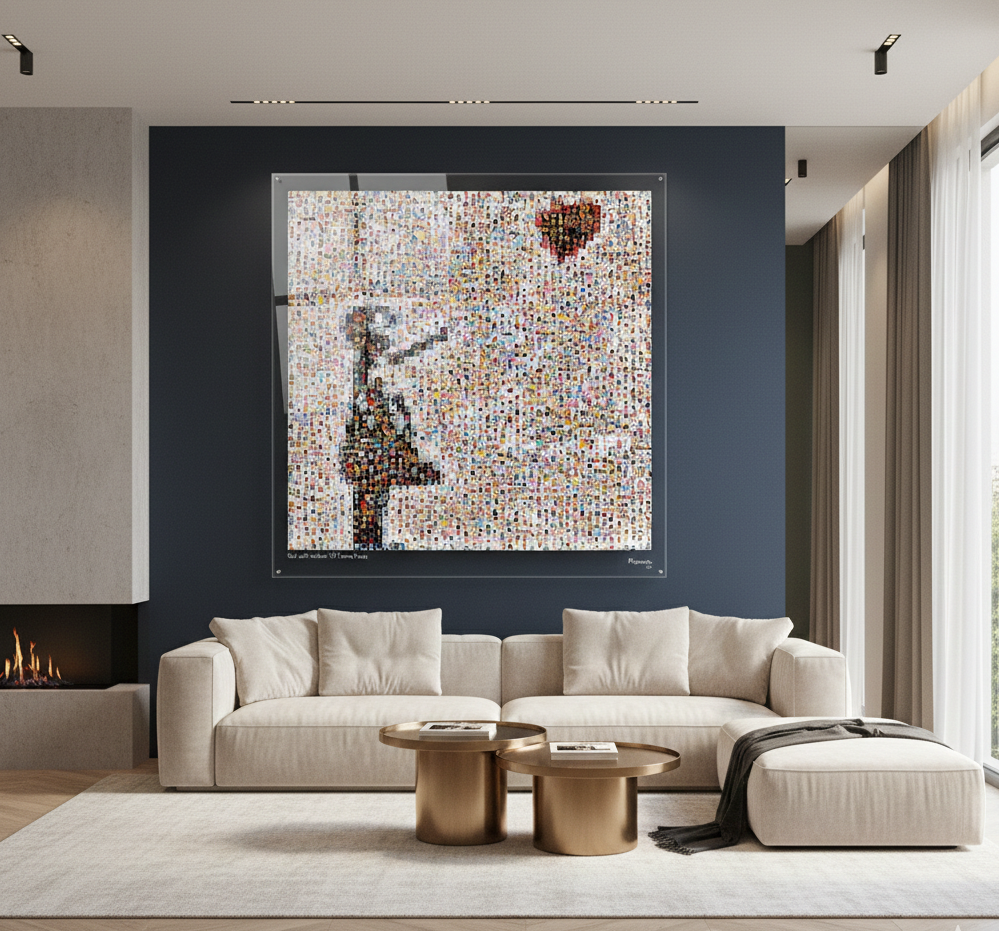 Tableau plexiglass art contemporain Miquaseo, mosaique "Girl with balloon vs Funny Faces", decoration murale design, edition limitee signee et numerotee
