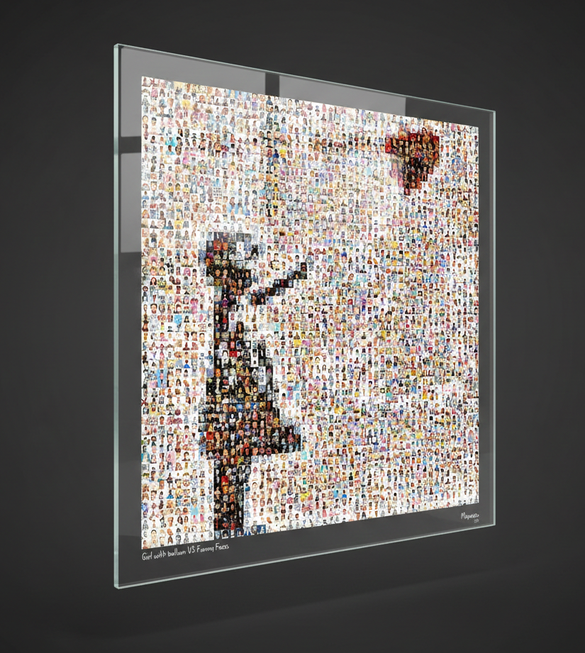 Tableau plexiglass art contemporain Miquaseo, mosaique "Girl with balloon vs Funny Faces", decoration murale design, edition limitee signee et numerotee