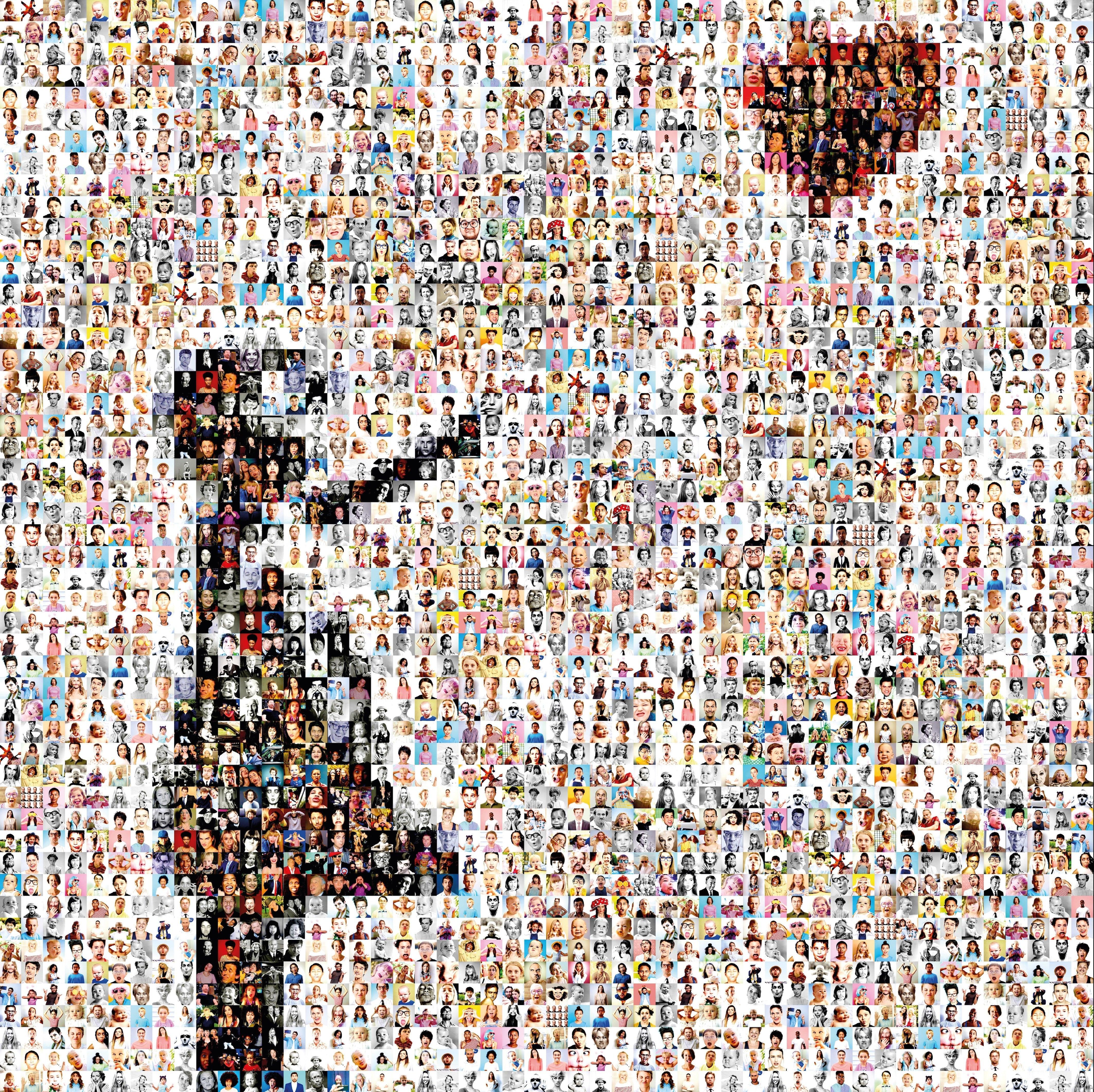 Tableau plexiglass art contemporain Miquaseo, mosaique "Girl with balloon vs Funny Faces", decoration murale design, edition limitee signee et numerotee