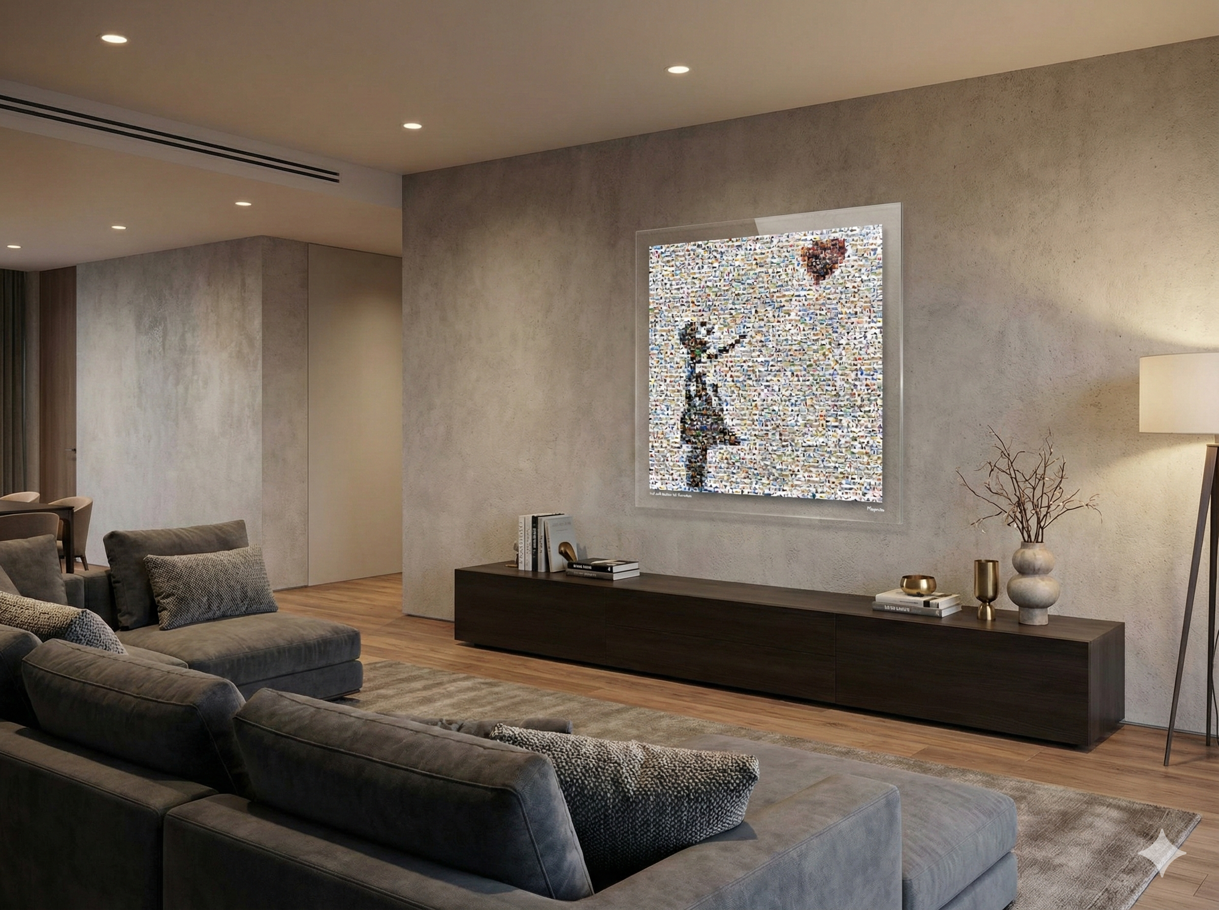 Tableau plexiglass art contemporain Miquaseo, mosaique "Girl with balloon vs Homeless", decoration murale design, edition limitee signee et numerotee