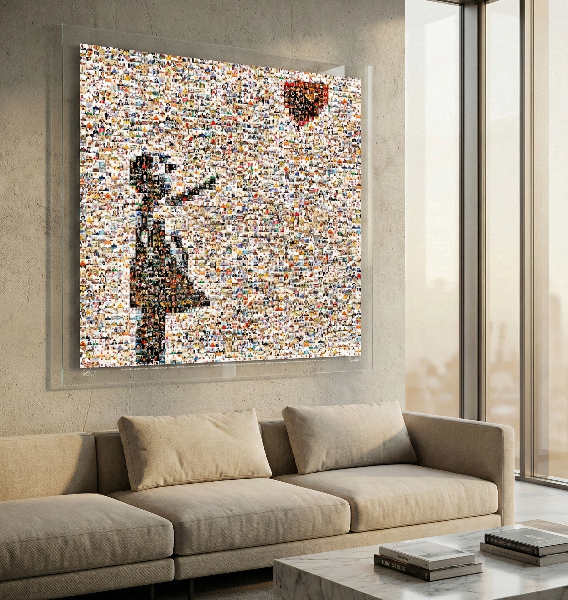 Tableau plexiglass art contemporain Miquaseo, mosaique "Girl with balloon vs Religions", decoration murale design, edition limitee signee et numerotee