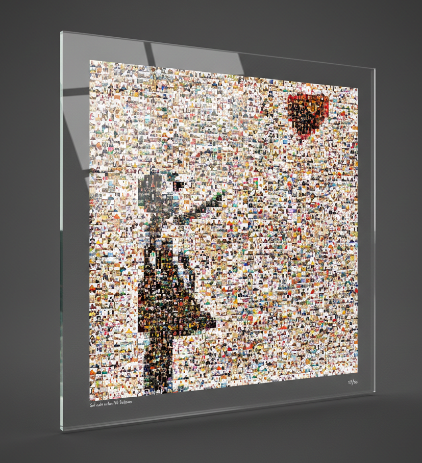 Tableau plexiglass art contemporain Miquaseo, mosaique "Girl with balloon vs Religions", decoration murale design, edition limitee signee et numerotee