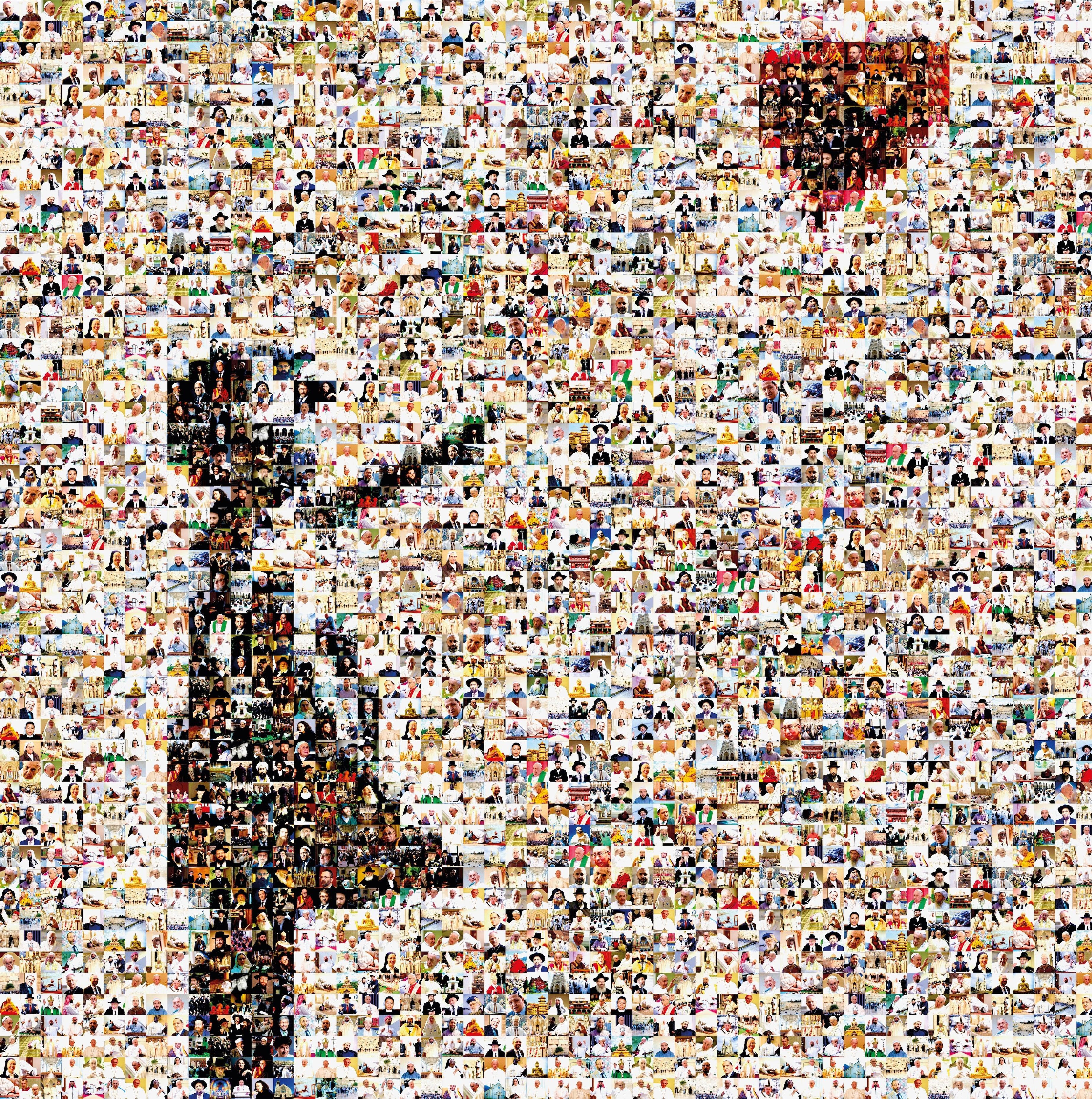 Tableau plexiglass art contemporain Miquaseo, mosaique "Girl with balloon vs Religions", decoration murale design, edition limitee signee et numerotee