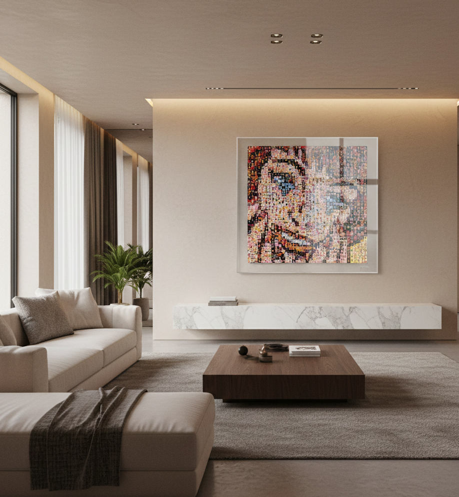 Tableau plexiglass art contemporain Miquaseo, mosaique "Girls vs Funny Faces", decoration murale design, edition limitee signee et numerotee