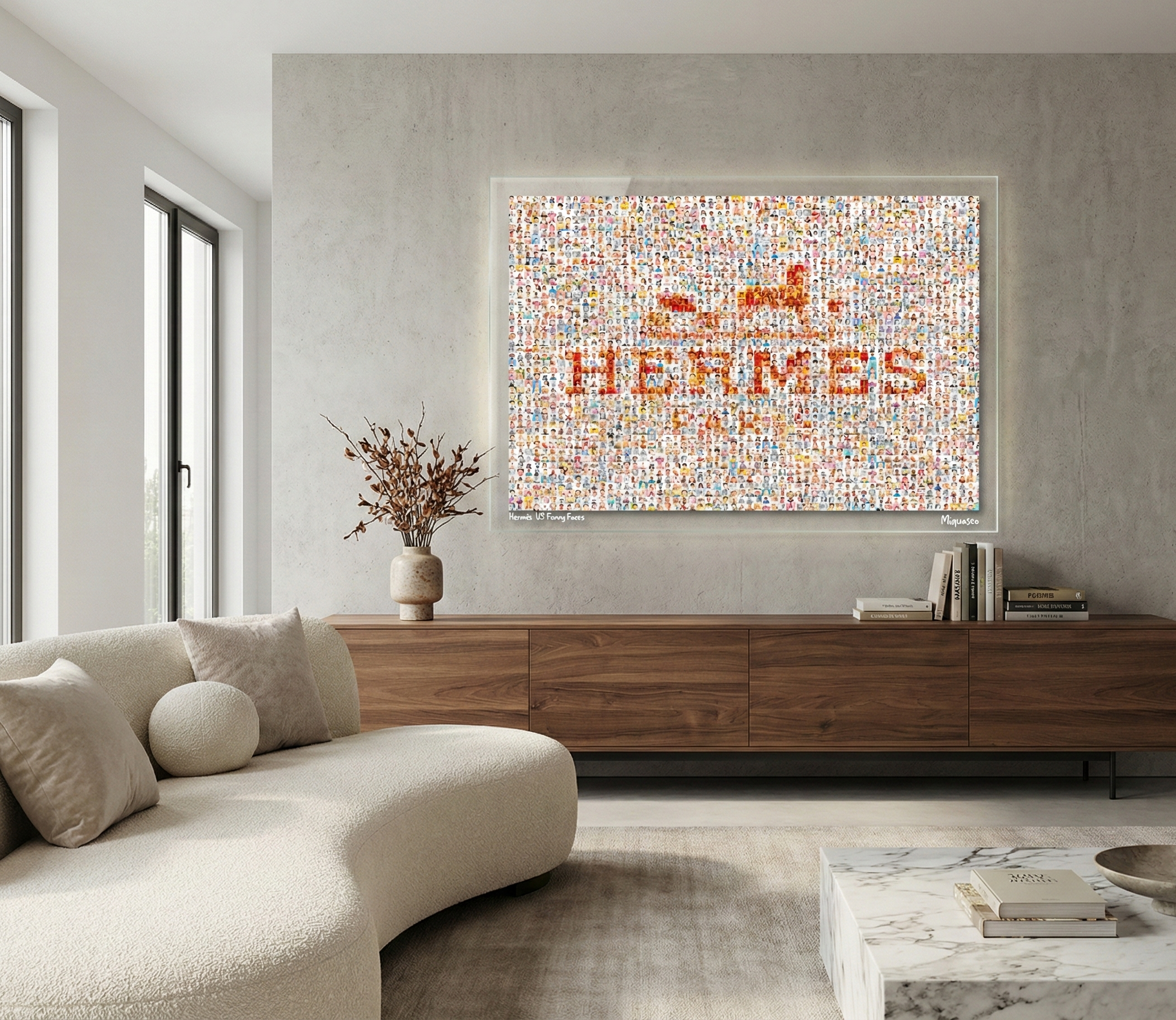 Tableau plexiglass art contemporain Miquaseo, mosaique "Hermes VS Funny Faces", decoration murale design, edition limitee signee et numerotee