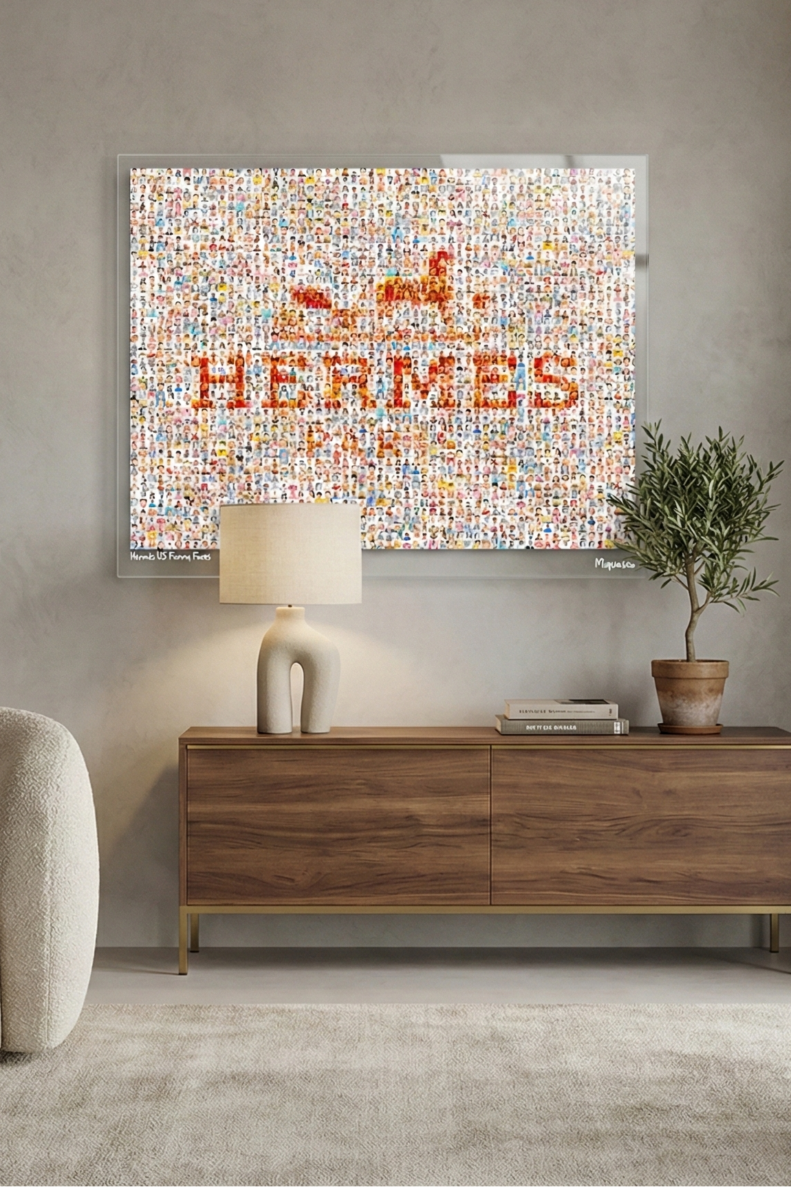 Tableau plexiglass art contemporain Miquaseo, mosaique "Hermes VS Funny Faces", decoration murale design, edition limitee signee et numerotee