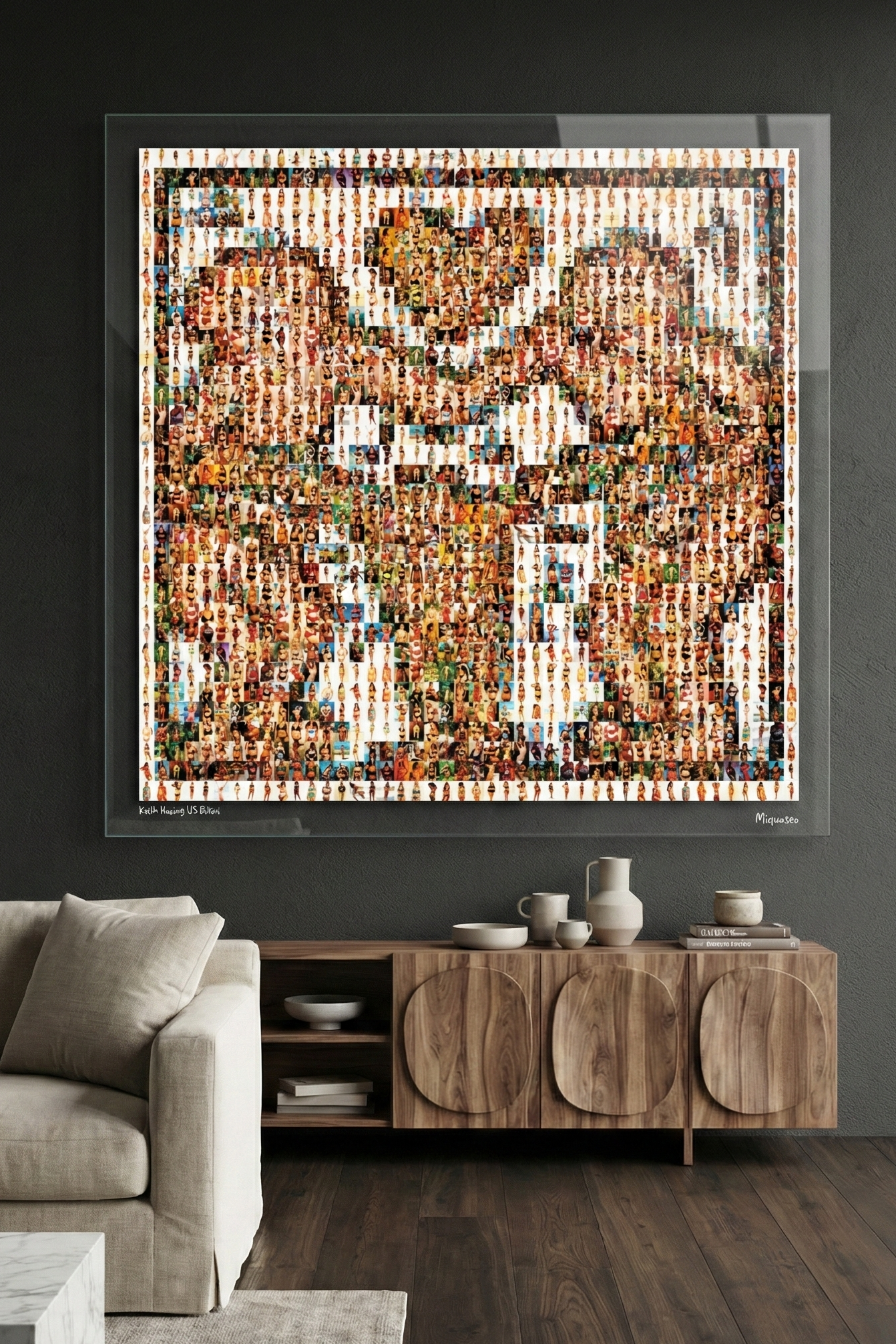 Tableau plexiglass art contemporain Miquaseo, mosaique "Keith Haring vs Bikini", decoration murale design, edition limitee signee et numerotee