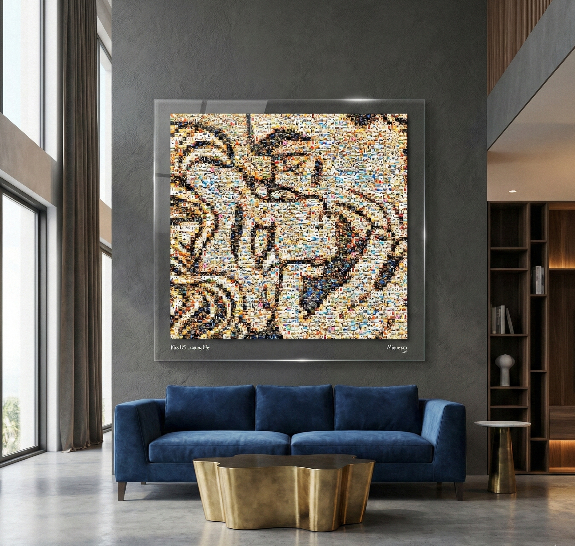 Tableau plexiglass art contemporain Miquaseo, mosaique "Kiss vs Luxury Life", decoration murale design, edition limitee signee et numerotee