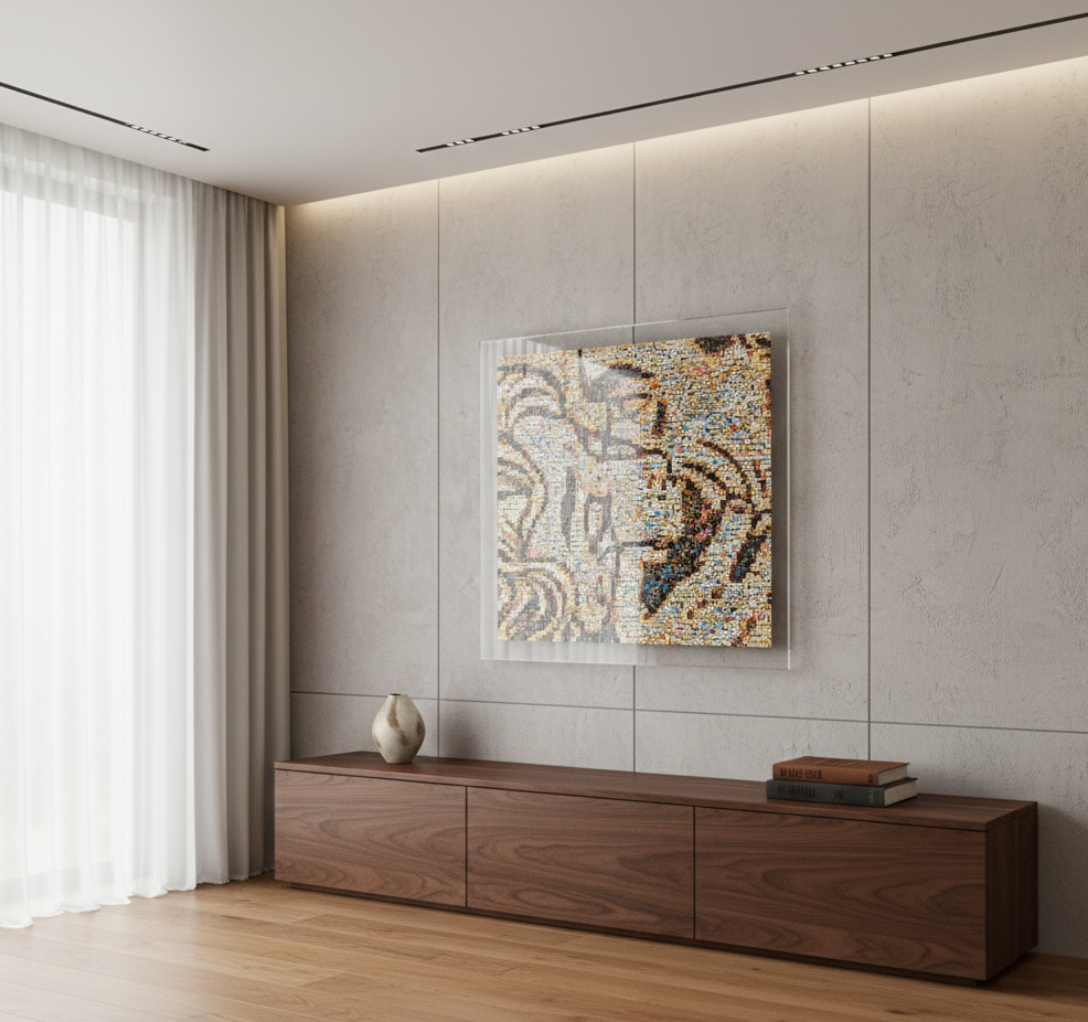 Tableau plexiglass art contemporain Miquaseo, mosaique "Kiss vs Luxury Life", decoration murale design, edition limitee signee et numerotee