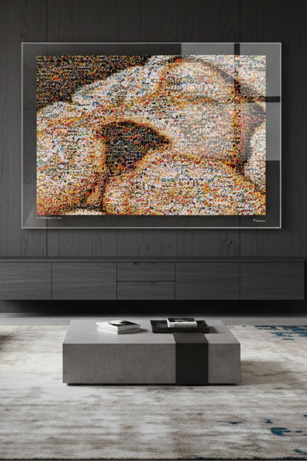 Tableau plexiglass art contemporain Miquaseo, mosaique "L'Origine du monde VS Religions", decoration murale design, edition limitee signee et numerotee