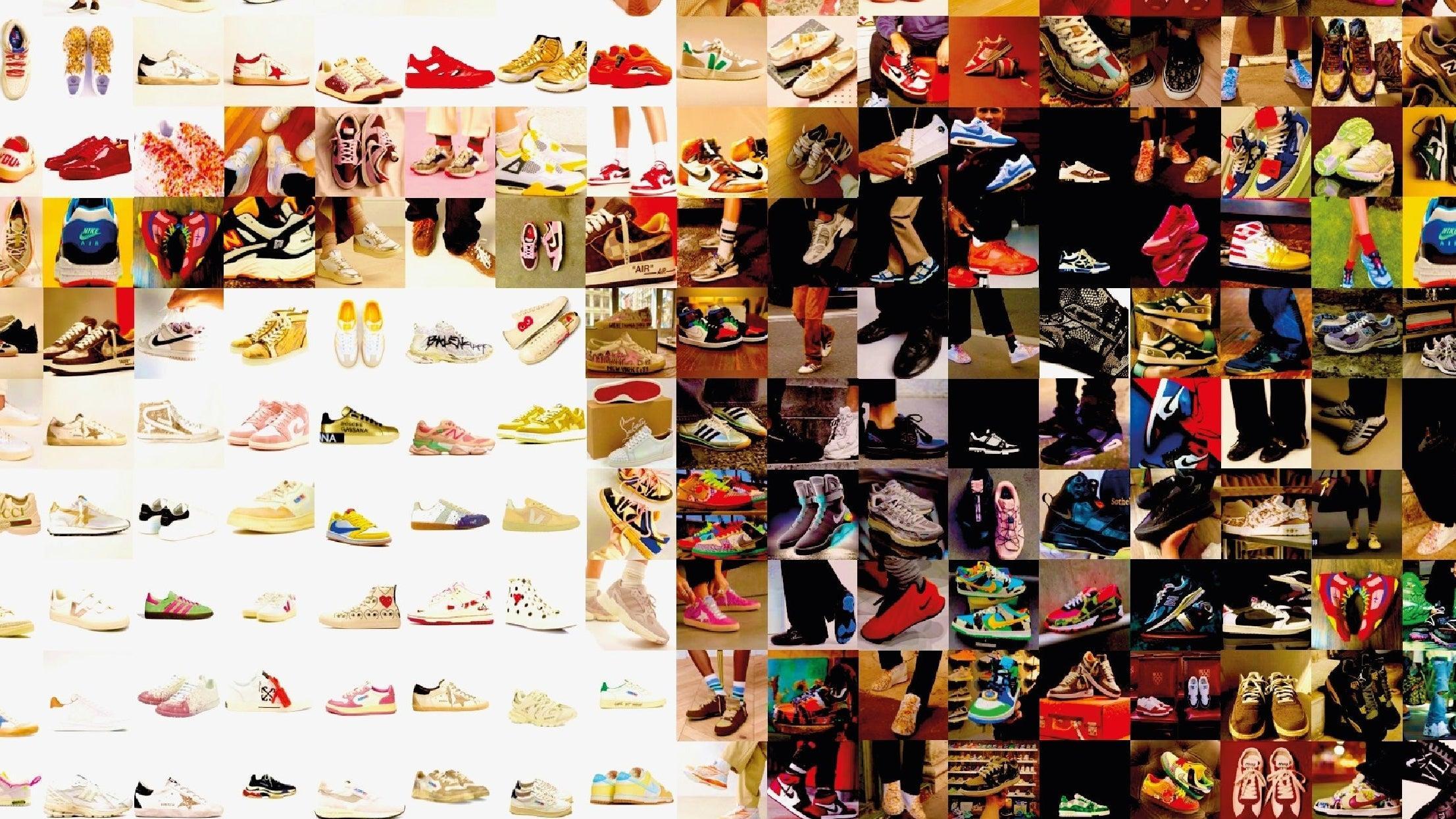 Tableau plexiglass art contemporain Miquaseo, mosaique "La Création d'Adam VS Sneakers", decoration murale design, edition limitee signee et numerotee