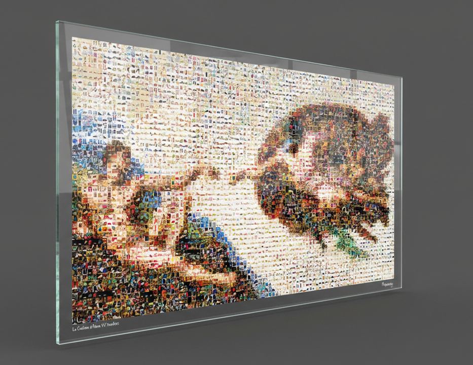 Tableau plexiglass art contemporain Miquaseo, mosaique "La Création d'Adam VS Sneakers", decoration murale design, edition limitee signee et numerotee