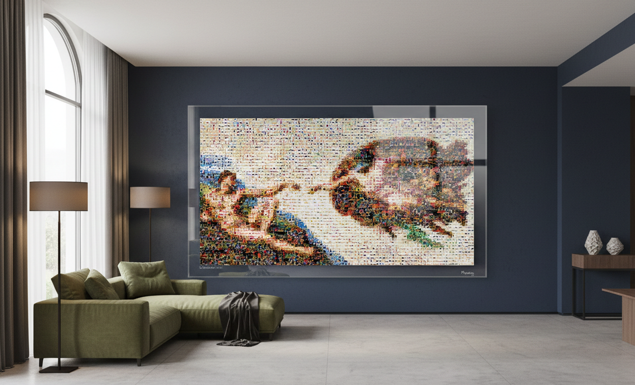 Tableau plexiglass art contemporain Miquaseo, mosaique "La Création d'Adam VS Sneakers", decoration murale design, edition limitee signee et numerotee