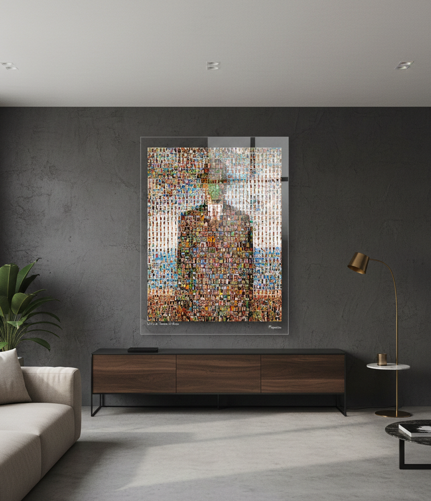 Tableau plexiglass art contemporain Miquaseo, mosaique "Le fils de l'homme vs Bikini", decoration murale design, edition limitee signee et numerotee