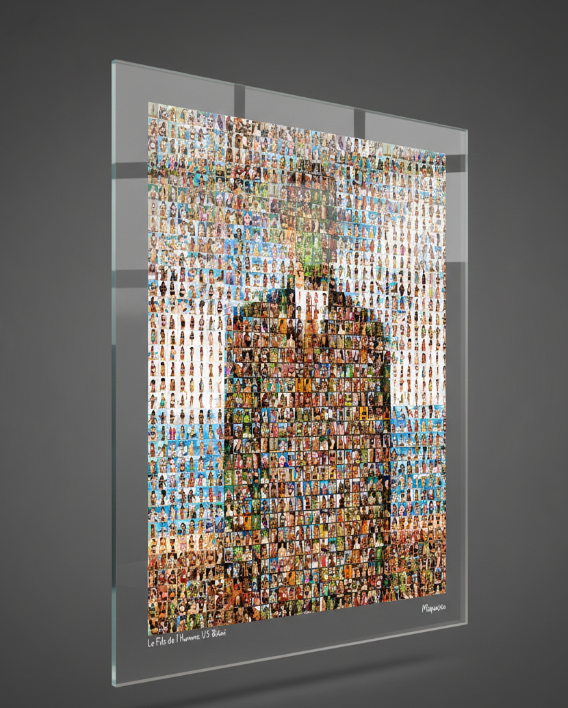 Tableau plexiglass art contemporain Miquaseo, mosaique "Le fils de l'homme vs Bikini", decoration murale design, edition limitee signee et numerotee