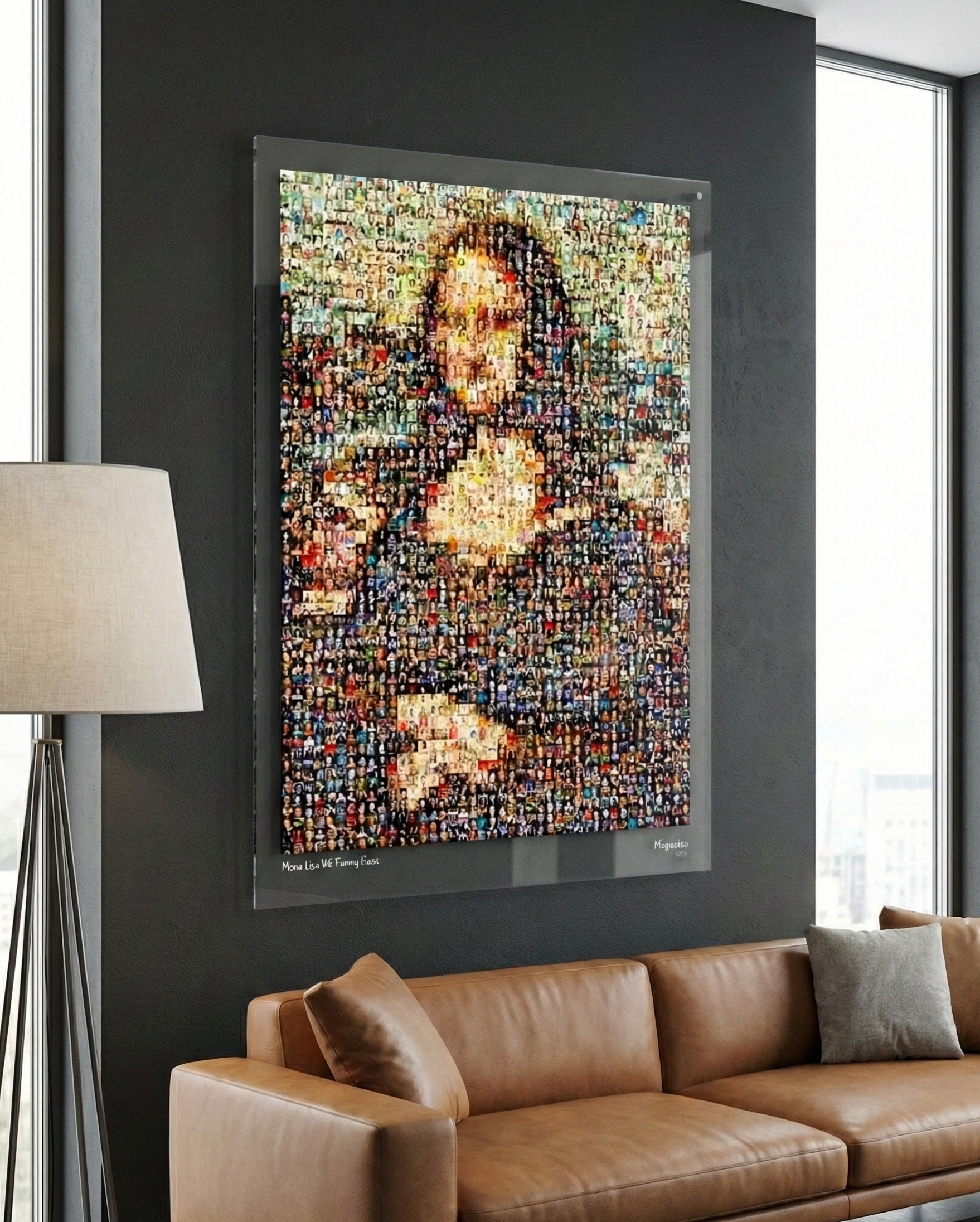 Tableau plexiglass art contemporain Miquaseo, mosaique "Mona Lisa vs Funny Faces", decoration murale design, edition limitee signee et numerotee