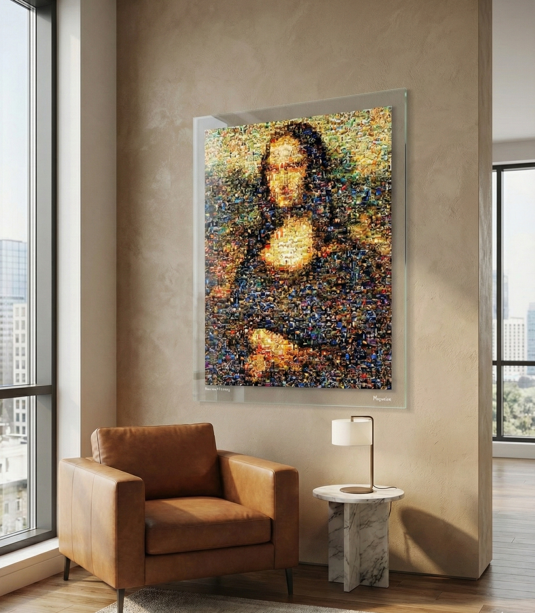 Tableau plexiglass art contemporain Miquaseo, mosaique "Mona Lisa vs Luxury", decoration murale design, edition limitee signee et numerotee