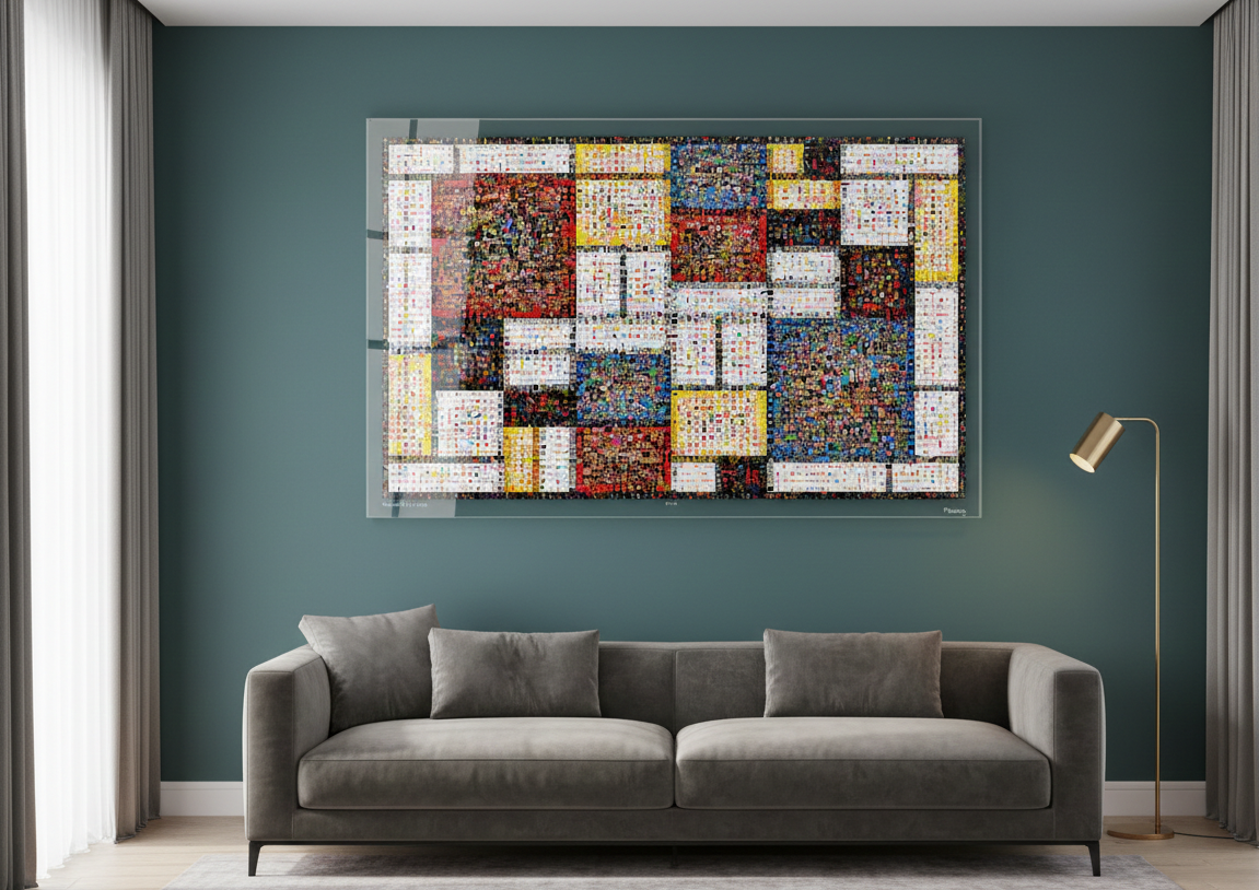 Tableau plexiglass art contemporain Miquaseo, mosaique "Mondrian VS Pop culture", decoration murale design, edition limitee signee et numerotee
