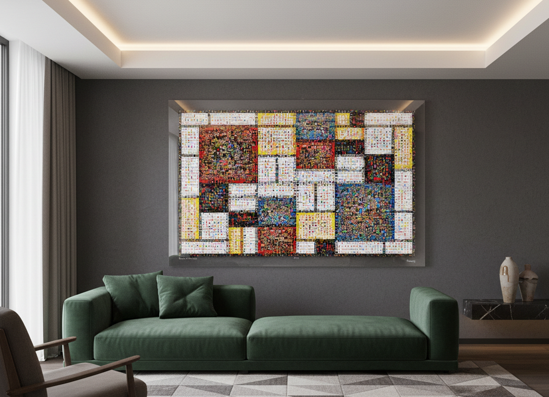 Tableau plexiglass art contemporain Miquaseo, mosaique "Mondrian VS Pop culture", decoration murale design, edition limitee signee et numerotee