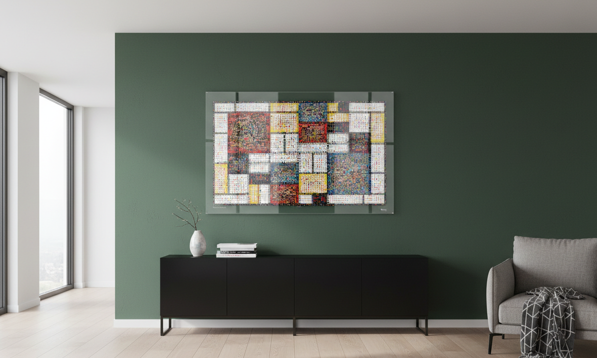 Tableau plexiglass art contemporain Miquaseo, mosaique "Mondrian VS Pop culture", decoration murale design, edition limitee signee et numerotee
