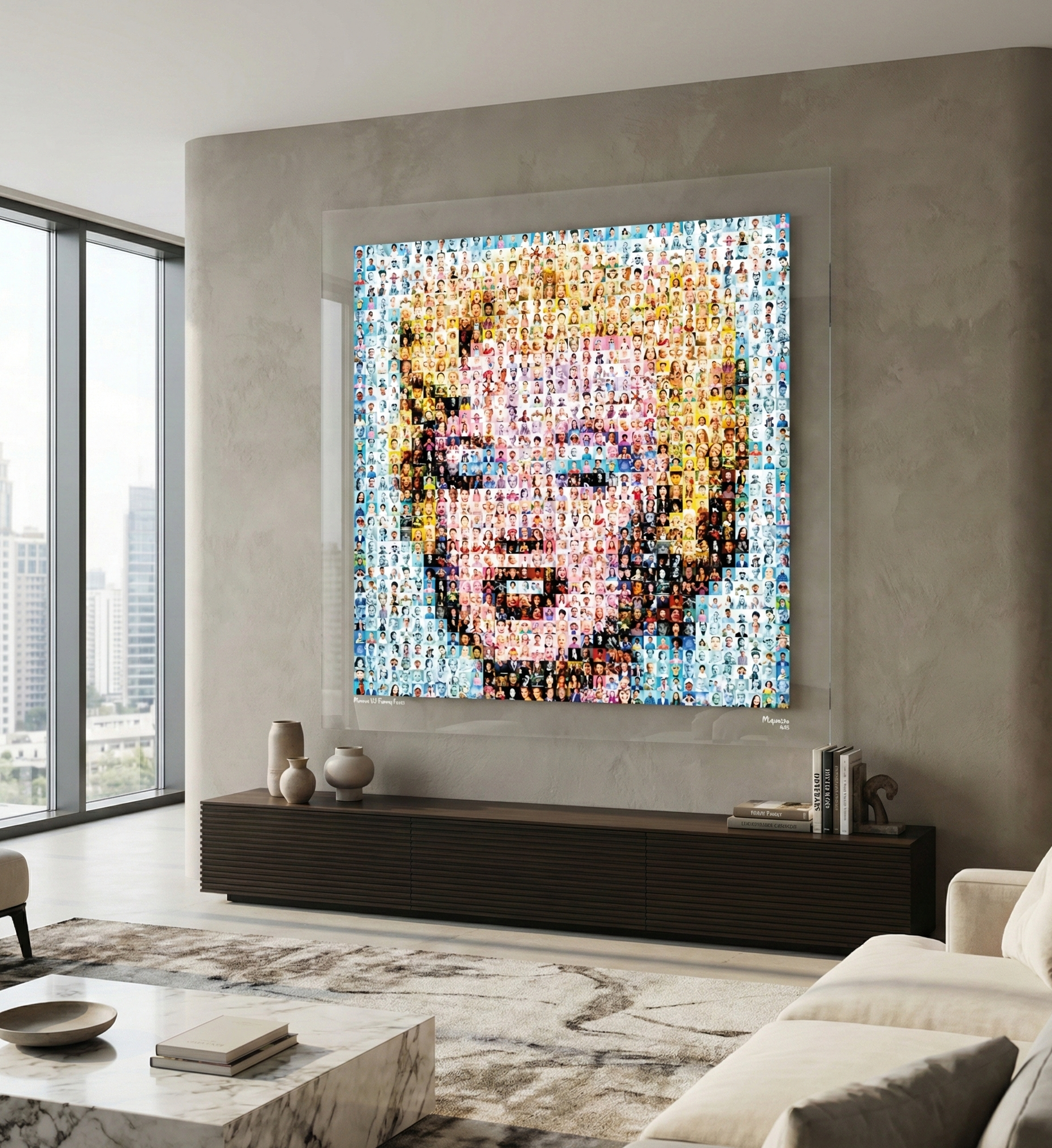 Tableau plexiglass art contemporain Miquaseo, mosaique "Monroe vs Funny Faces", decoration murale design, edition limitee signee et numerotee
