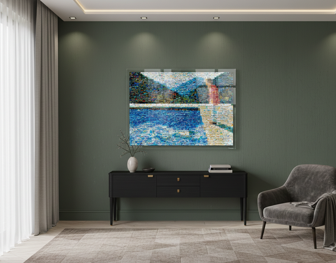Tableau plexiglass art contemporain Miquaseo, mosaique "Portrait of an Artist vs Pollution", decoration murale design, edition limitee signee et numerotee