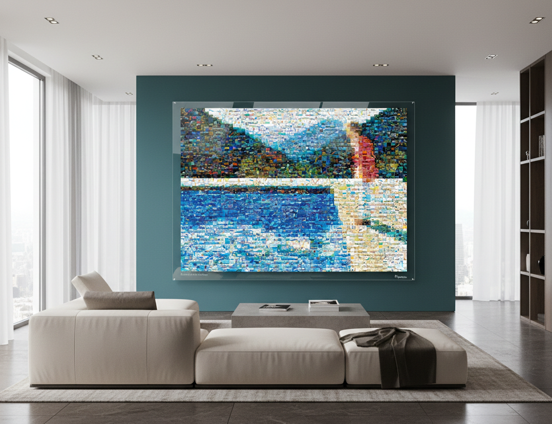 Tableau plexiglass art contemporain Miquaseo, mosaique "Portrait of an Artist vs Pollution", decoration murale design, edition limitee signee et numerotee