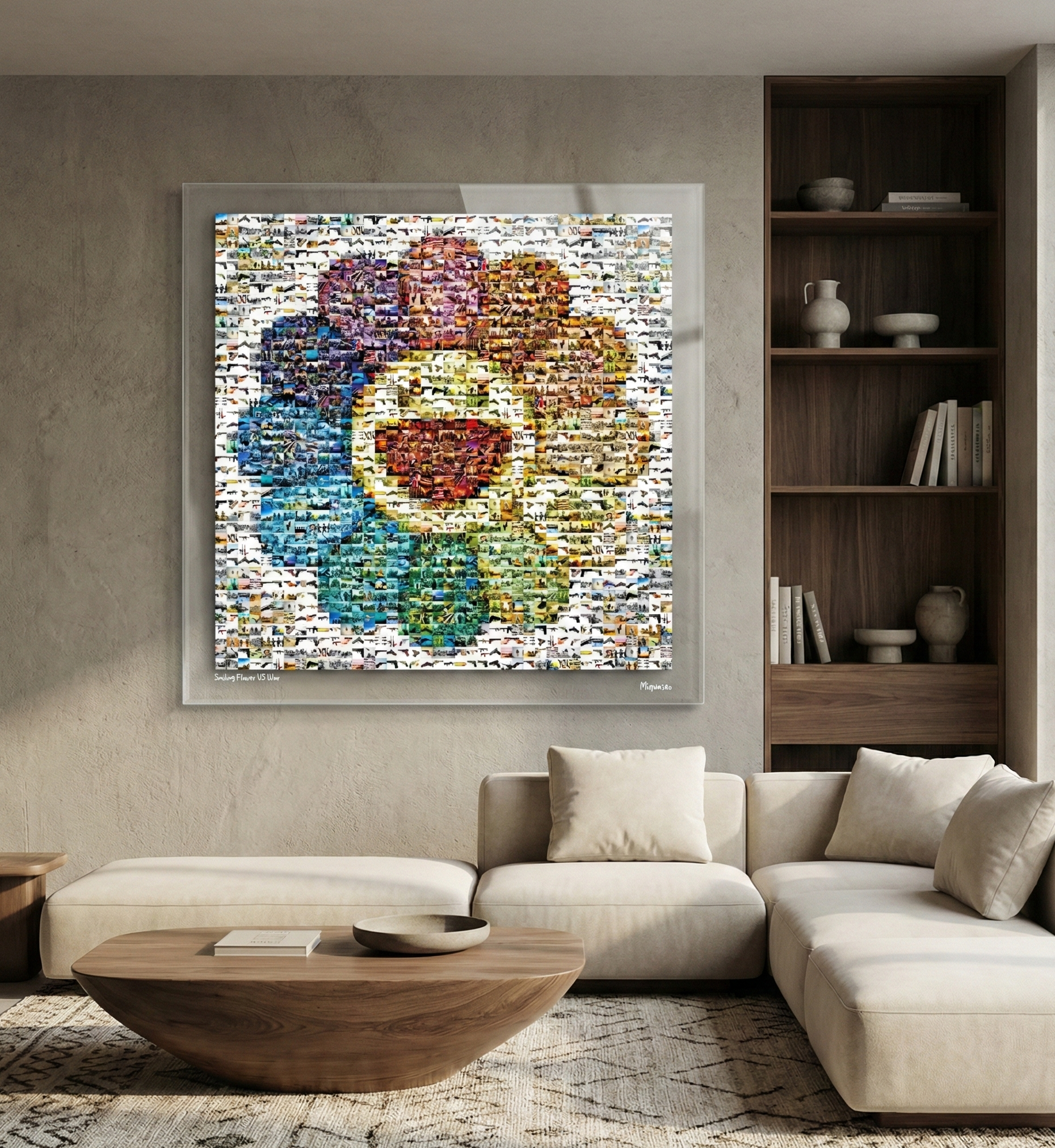Tableau plexiglass art contemporain Miquaseo, mosaique "Smiling flower VS War", decoration murale design, edition limitee signee et numerotee