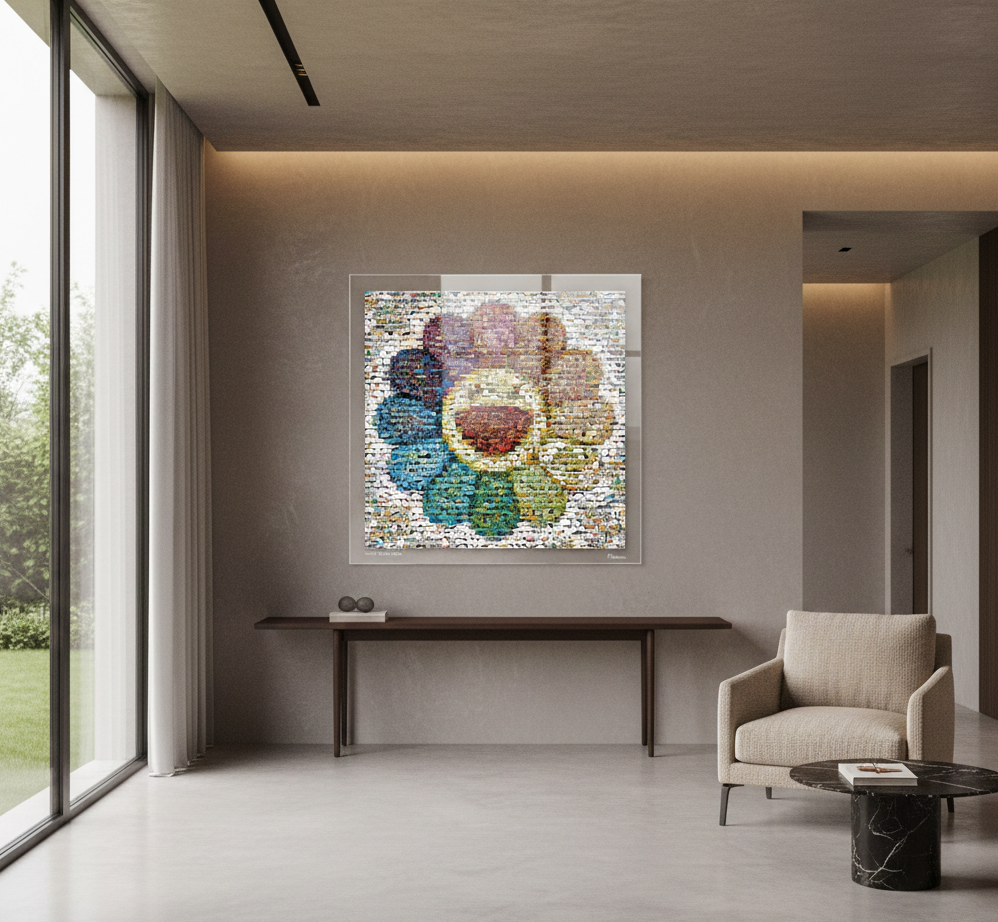 Tableau plexiglass art contemporain Miquaseo, mosaique "Smiling flower VS War", decoration murale design, edition limitee signee et numerotee