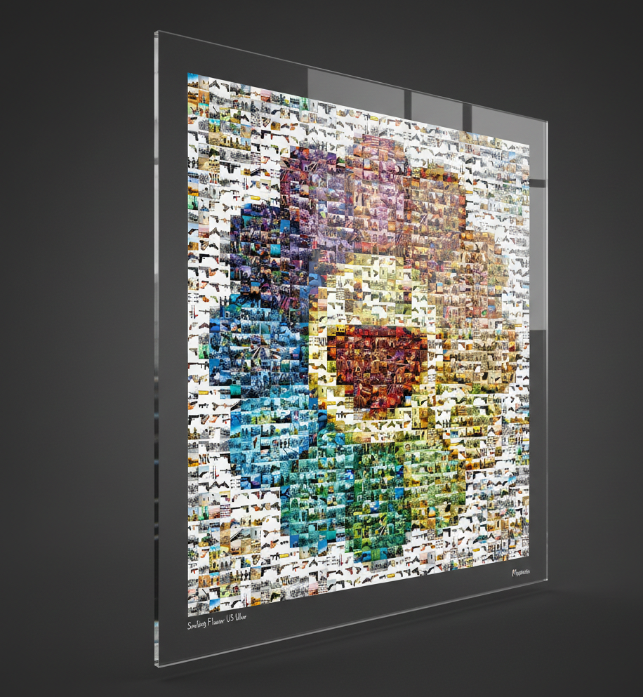 Tableau plexiglass art contemporain Miquaseo, mosaique "Smiling flower VS War", decoration murale design, edition limitee signee et numerotee