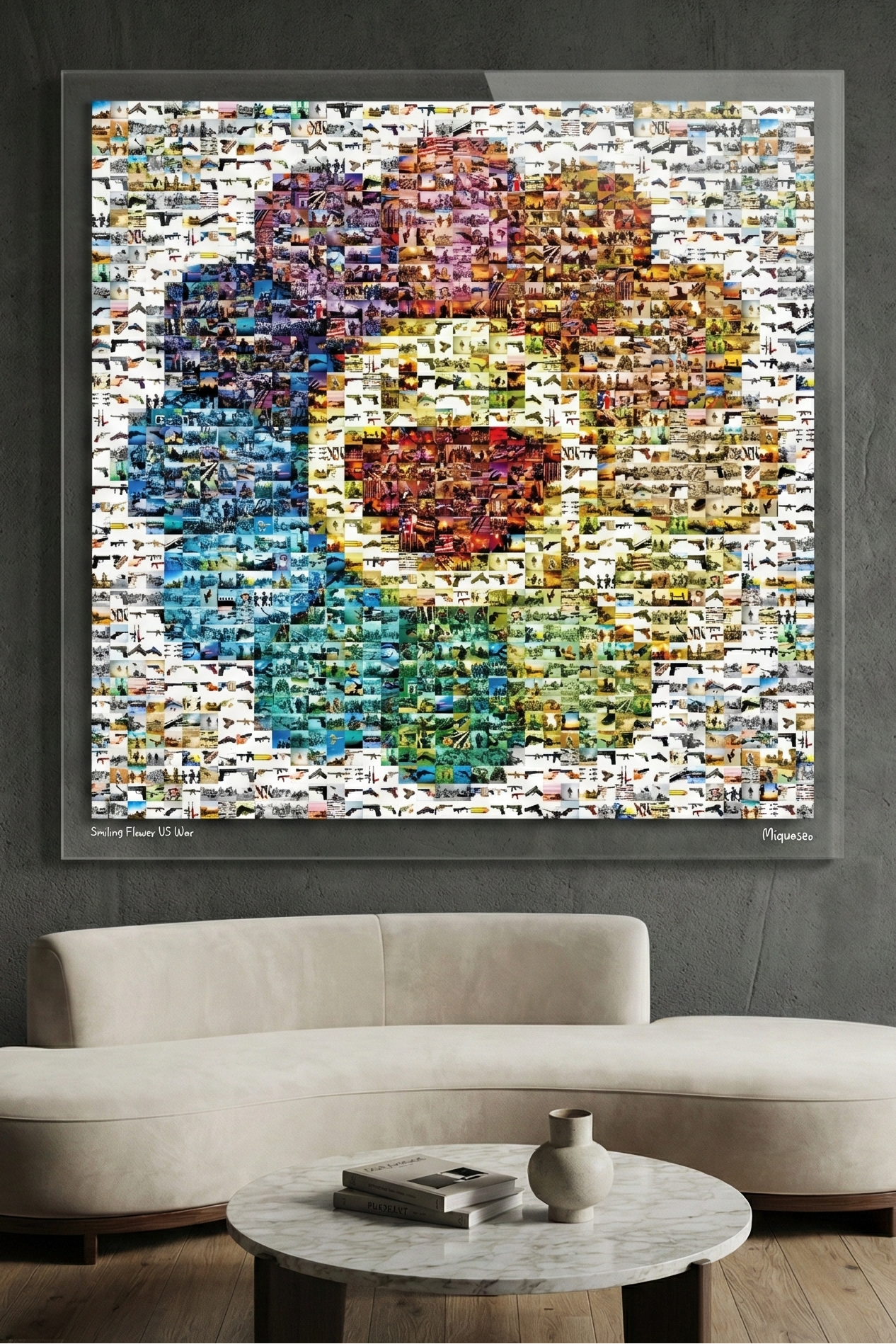 Tableau plexiglass art contemporain Miquaseo, mosaique "Smiling flower VS War", decoration murale design, edition limitee signee et numerotee