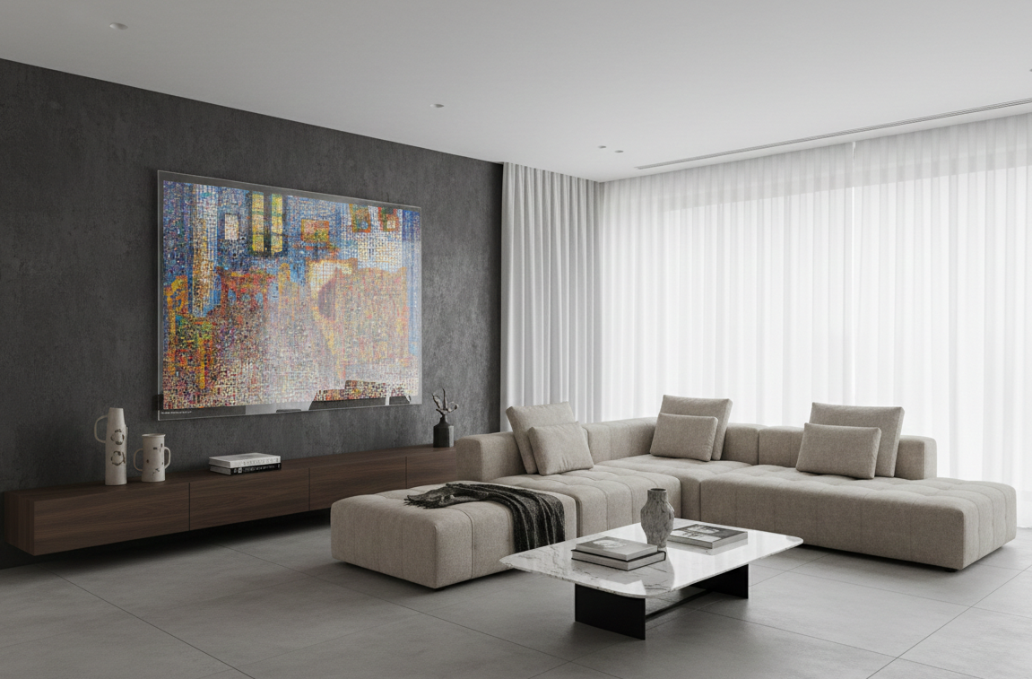 Tableau plexiglass art contemporain Miquaseo, mosaique "The Bedroom VS Pop Culture", decoration murale design, edition limitee signee et numerotee