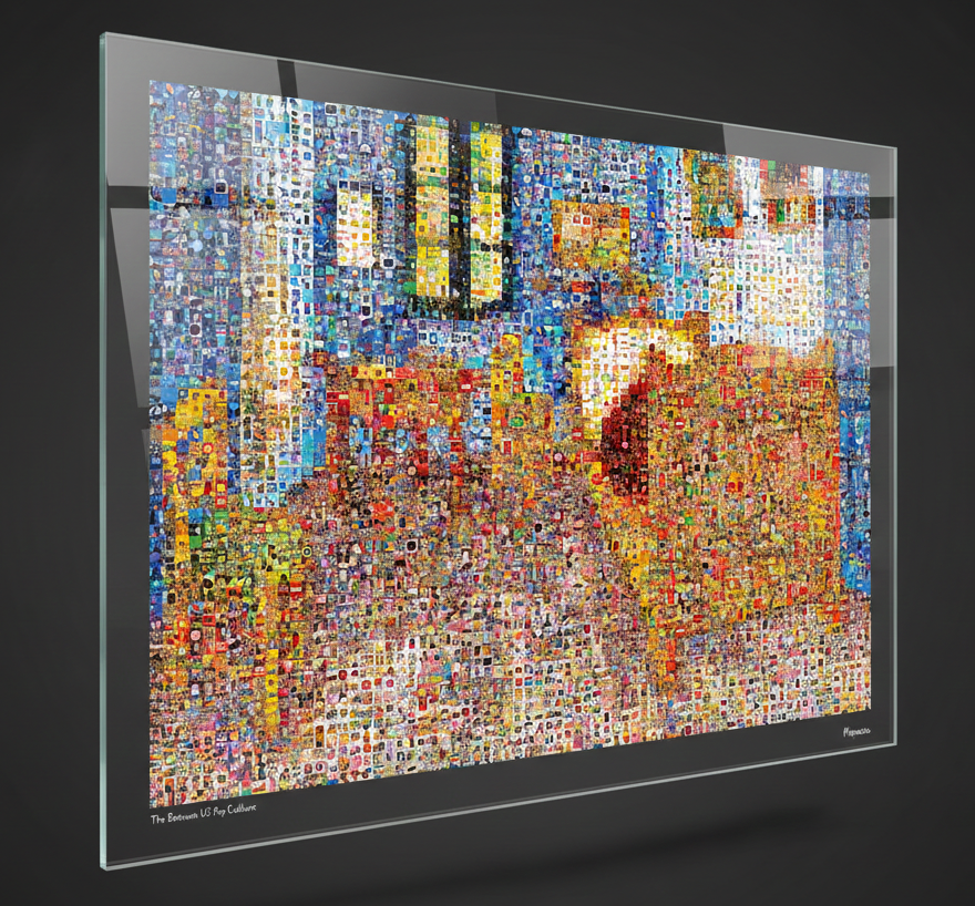 Tableau plexiglass art contemporain Miquaseo, mosaique "The Bedroom VS Pop Culture", decoration murale design, edition limitee signee et numerotee