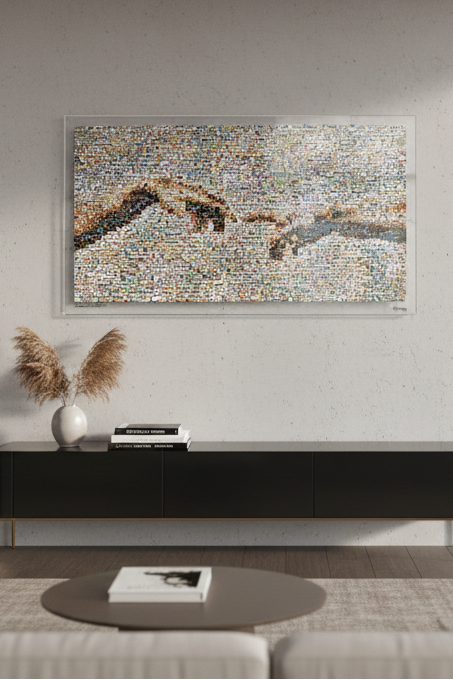 Tableau plexiglass art contemporain Miquaseo, mosaique "The Divine Touch VS Homeless", decoration murale design, edition limitee signee et numerotee