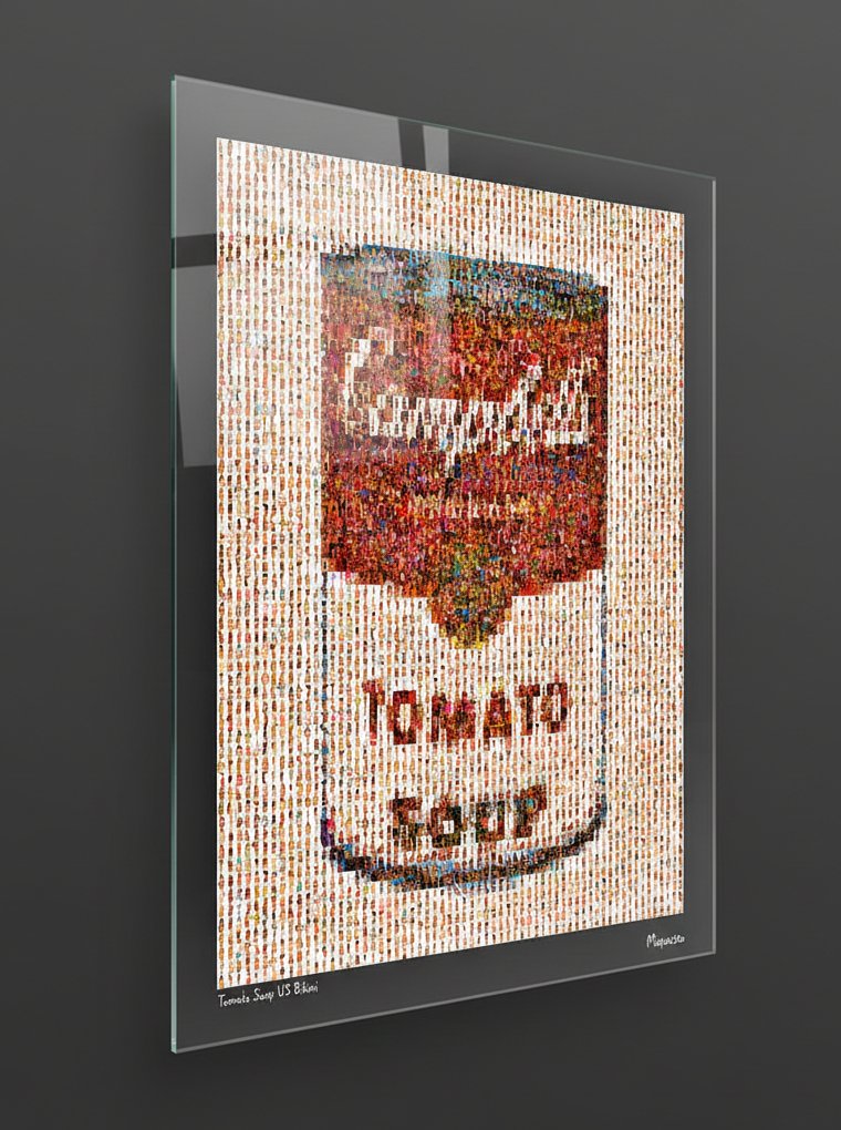 Tableau plexiglass art contemporain Miquaseo, mosaique "Tomato Soup vs Bikini", decoration murale design, edition limitee signee et numerotee