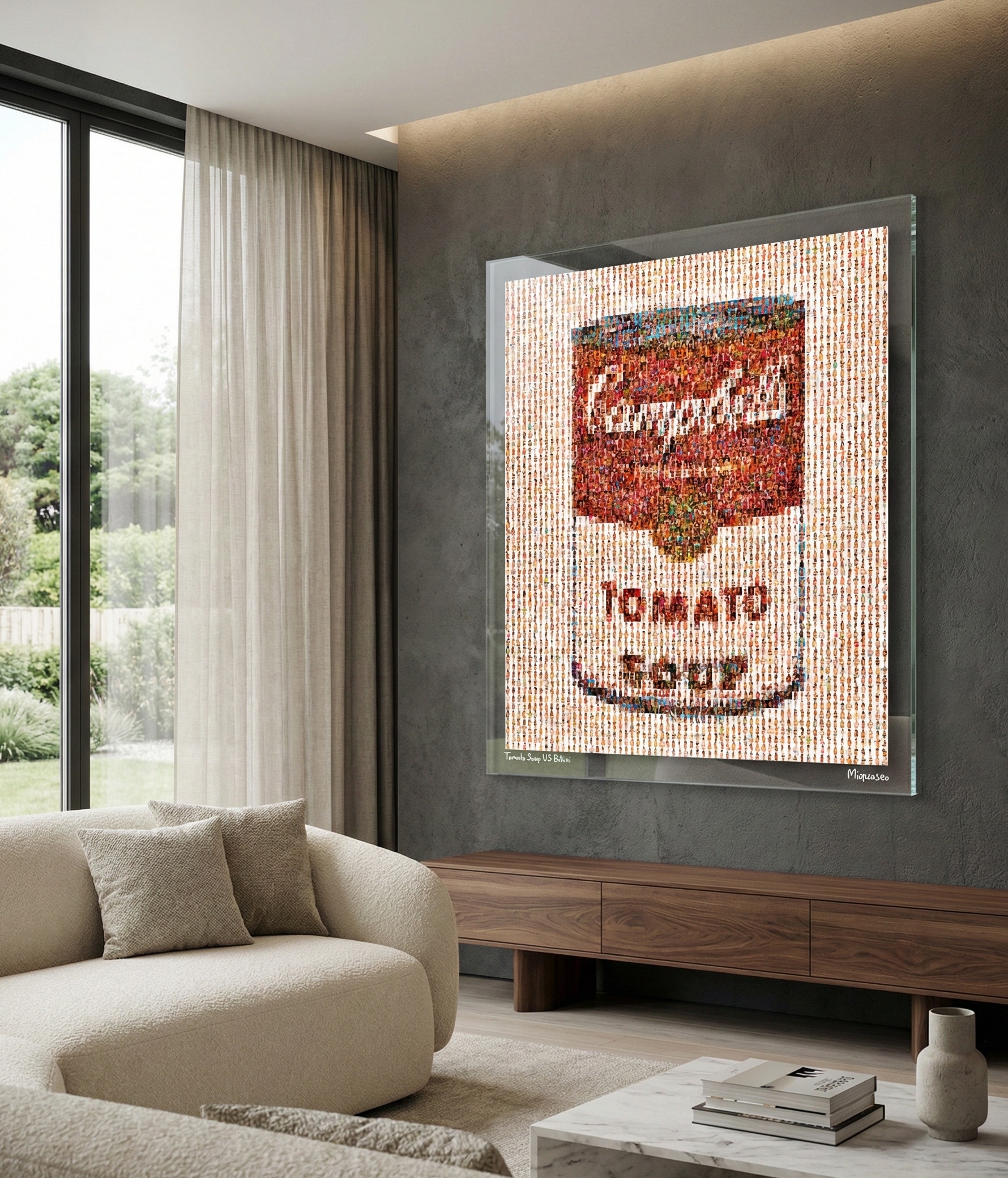 Tableau plexiglass art contemporain Miquaseo, mosaique "Tomato Soup vs Bikini", decoration murale design, edition limitee signee et numerotee