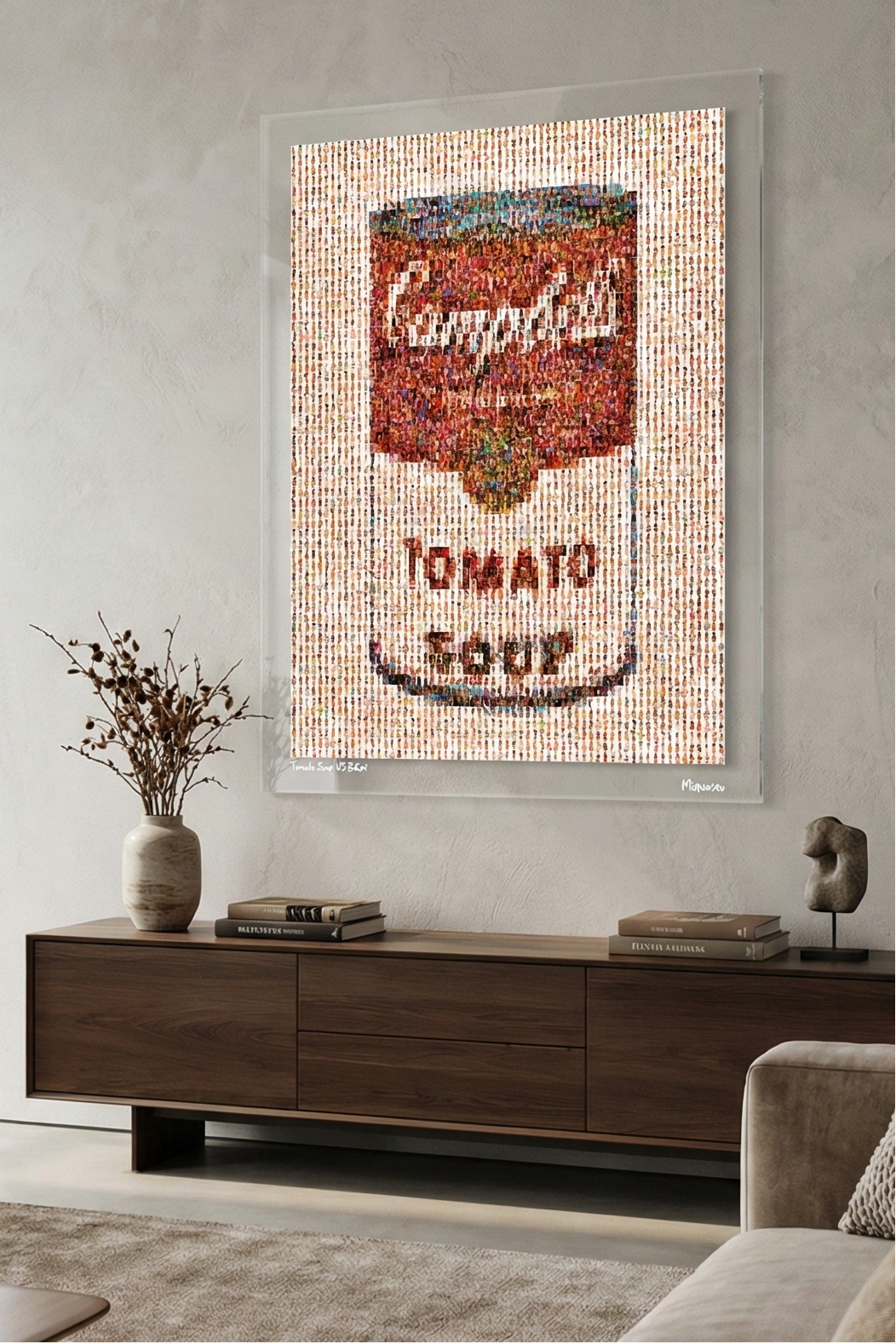 Tableau plexiglass art contemporain Miquaseo, mosaique "Tomato Soup vs Bikini", decoration murale design, edition limitee signee et numerotee
