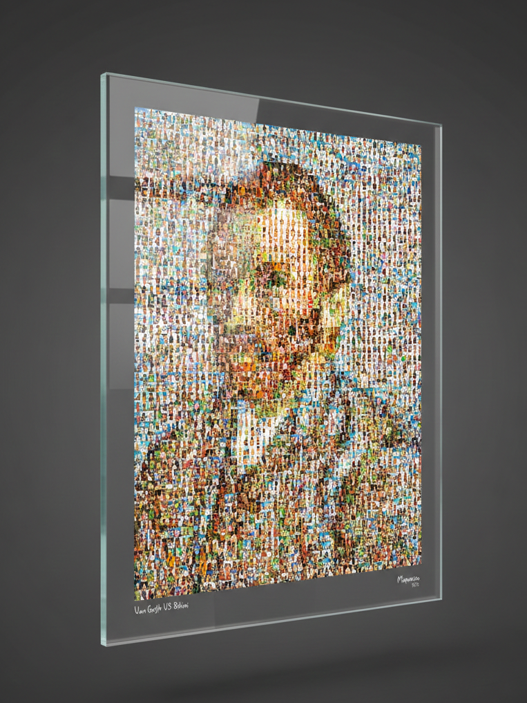 Tableau plexiglass art contemporain Miquaseo, mosaique "Van Gogh vs Bikini", decoration murale design, edition limitee signee et numerotee