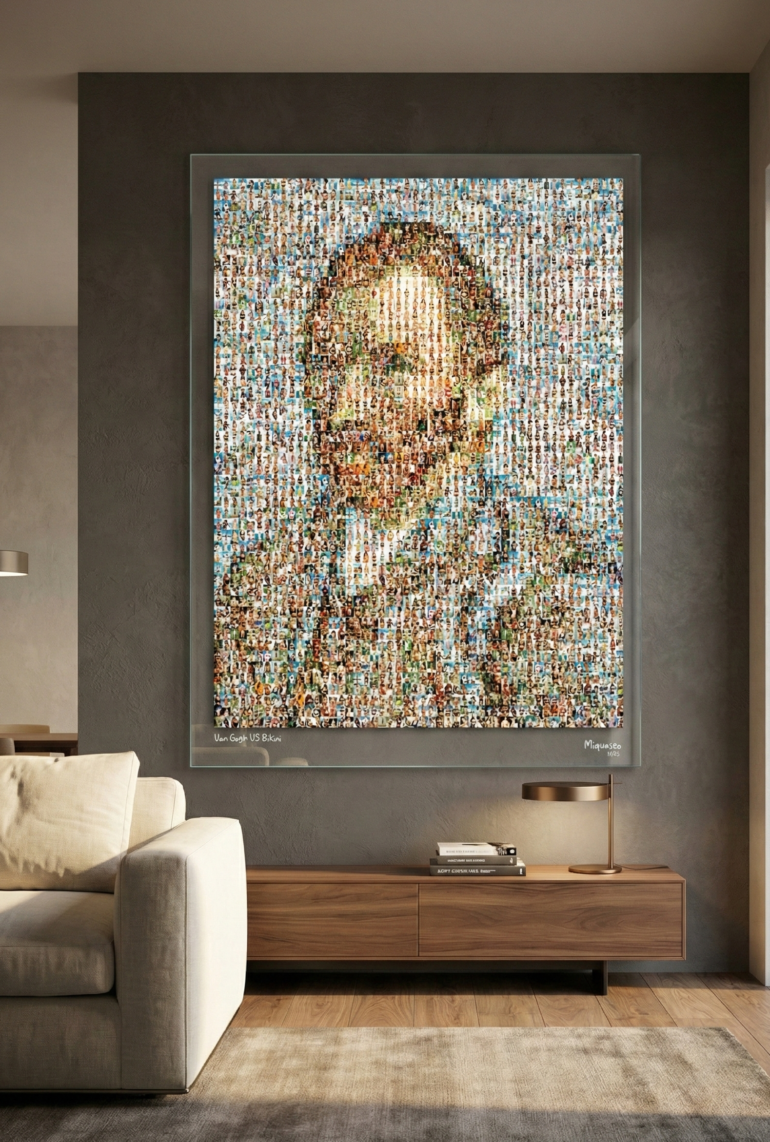 Tableau plexiglass art contemporain Miquaseo, mosaique "Van Gogh vs Bikini", decoration murale design, edition limitee signee et numerotee