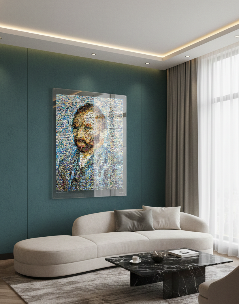 Tableau plexiglass art contemporain Miquaseo, mosaique "Van Gogh vs Luxury", decoration murale design, edition limitee signee et numerotee