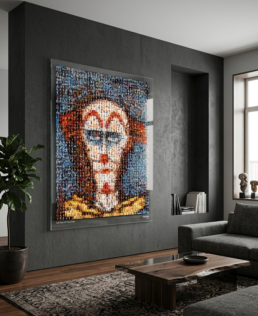 Visage de clown triste et faces amusantes de la marque miquaseo, illustration générée par Gemini, colorée et expressive.