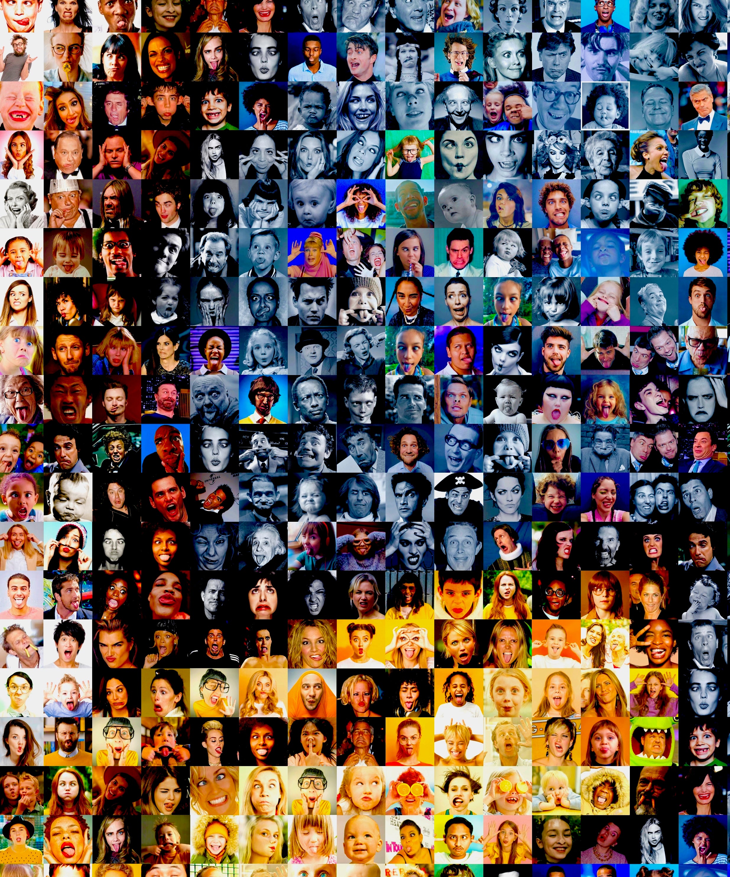 Visage de clown triste et de visages amusants, illustration colorée de la collection Miquaseo, mettant en scène des expressions contrastées.